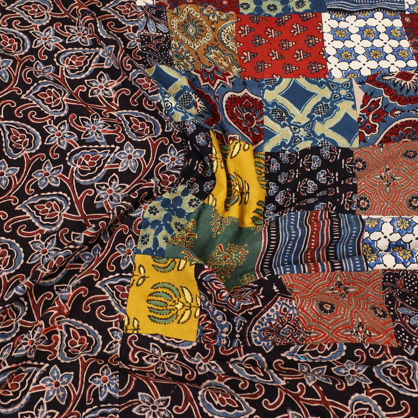 Black - Patchwork Block Print Ajrakh Cotton Double Bed Sheet Set 14