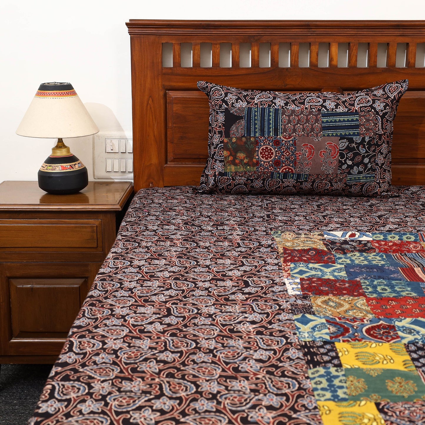 Black - Patchwork Block Print Ajrakh Cotton Double Bed Sheet Set 14