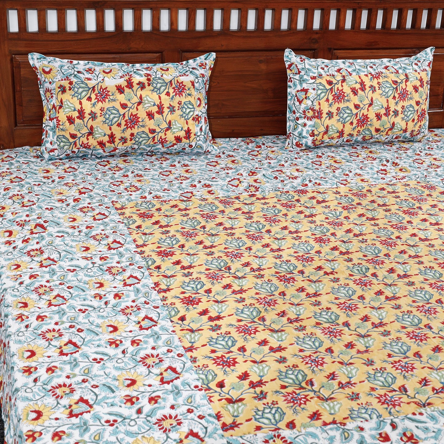 Multicolor Block Print Patchwork Cotton Sanganeri Bed Sheet