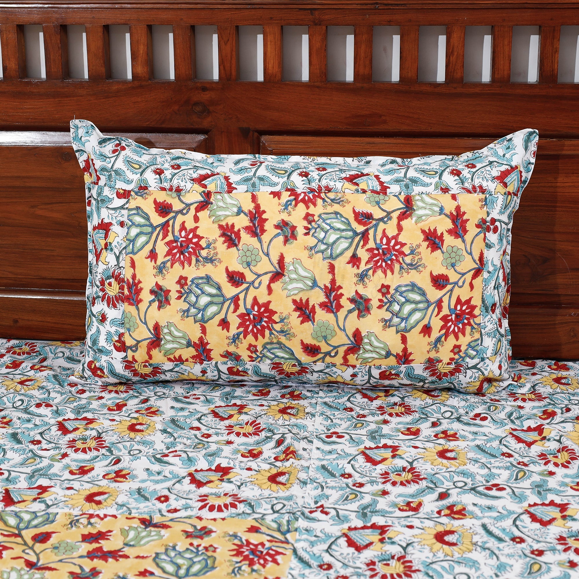Multicolor Block Print Patchwork Cotton Sanganeri Bed Sheet