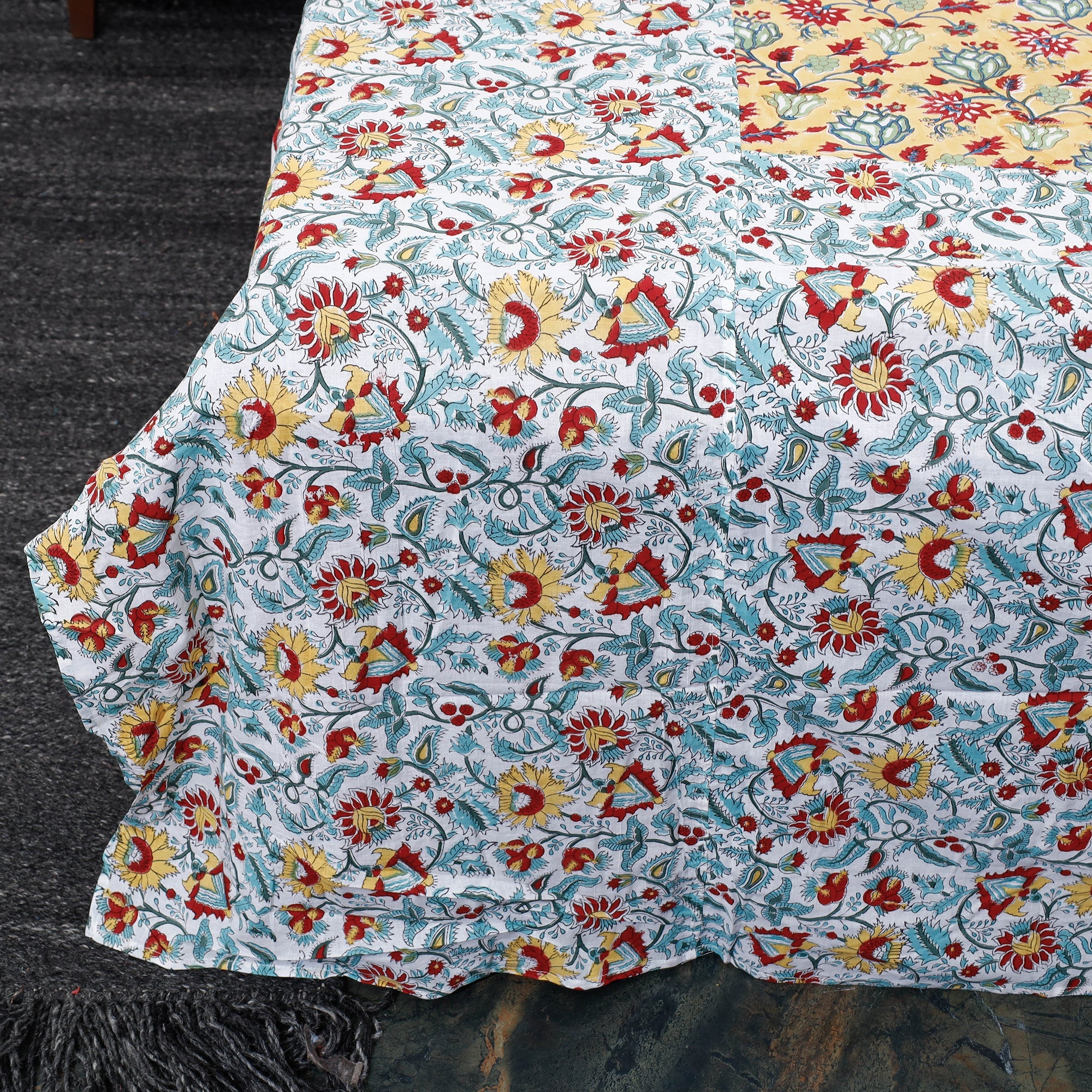 Multicolor Block Print Patchwork Cotton Sanganeri Bed Sheet