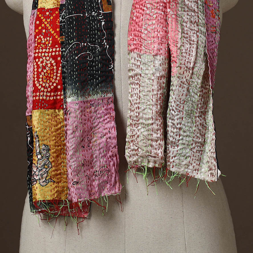 Patchwork reversible silk bengal hand kantha stitch stole