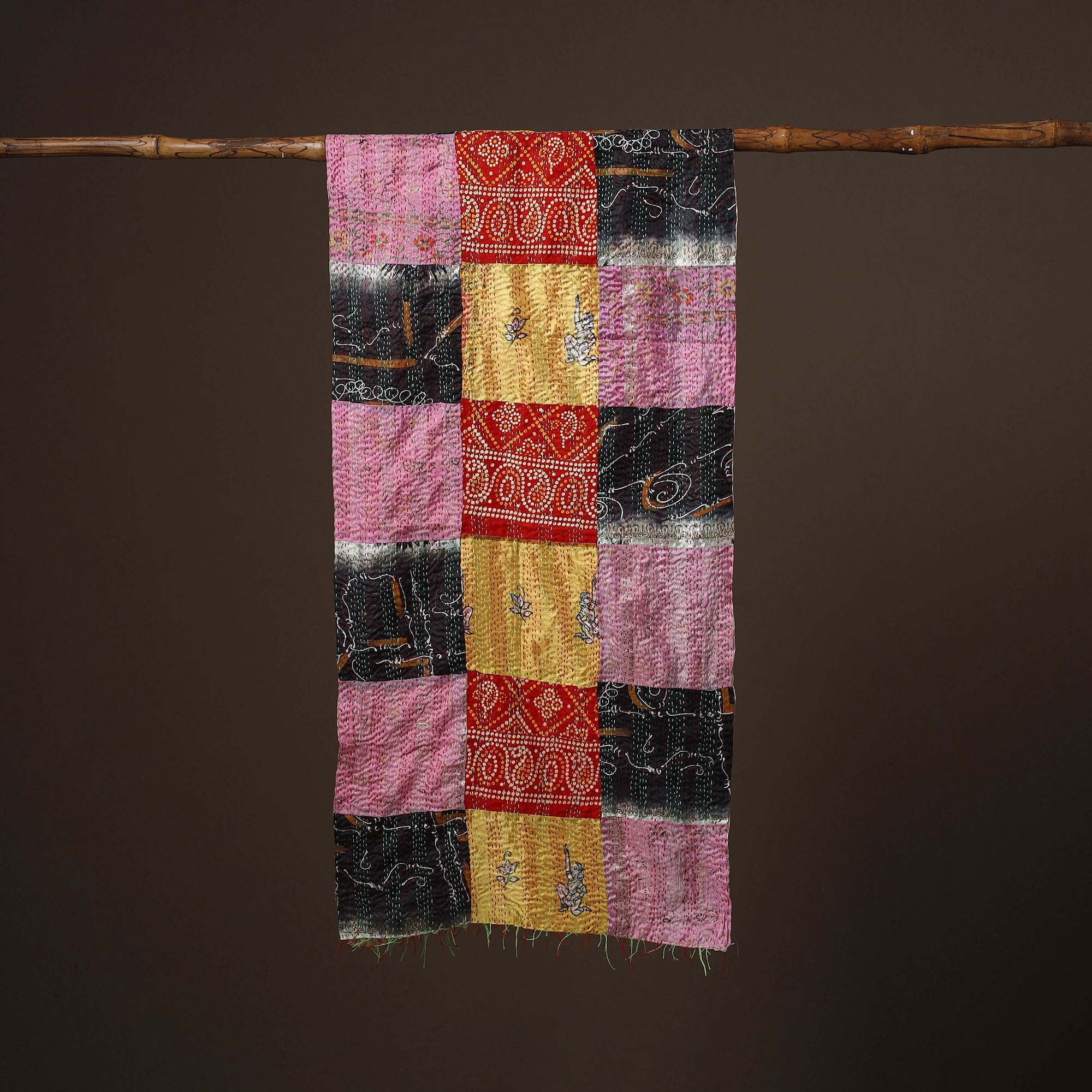 Patchwork reversible silk bengal hand kantha stitch stole