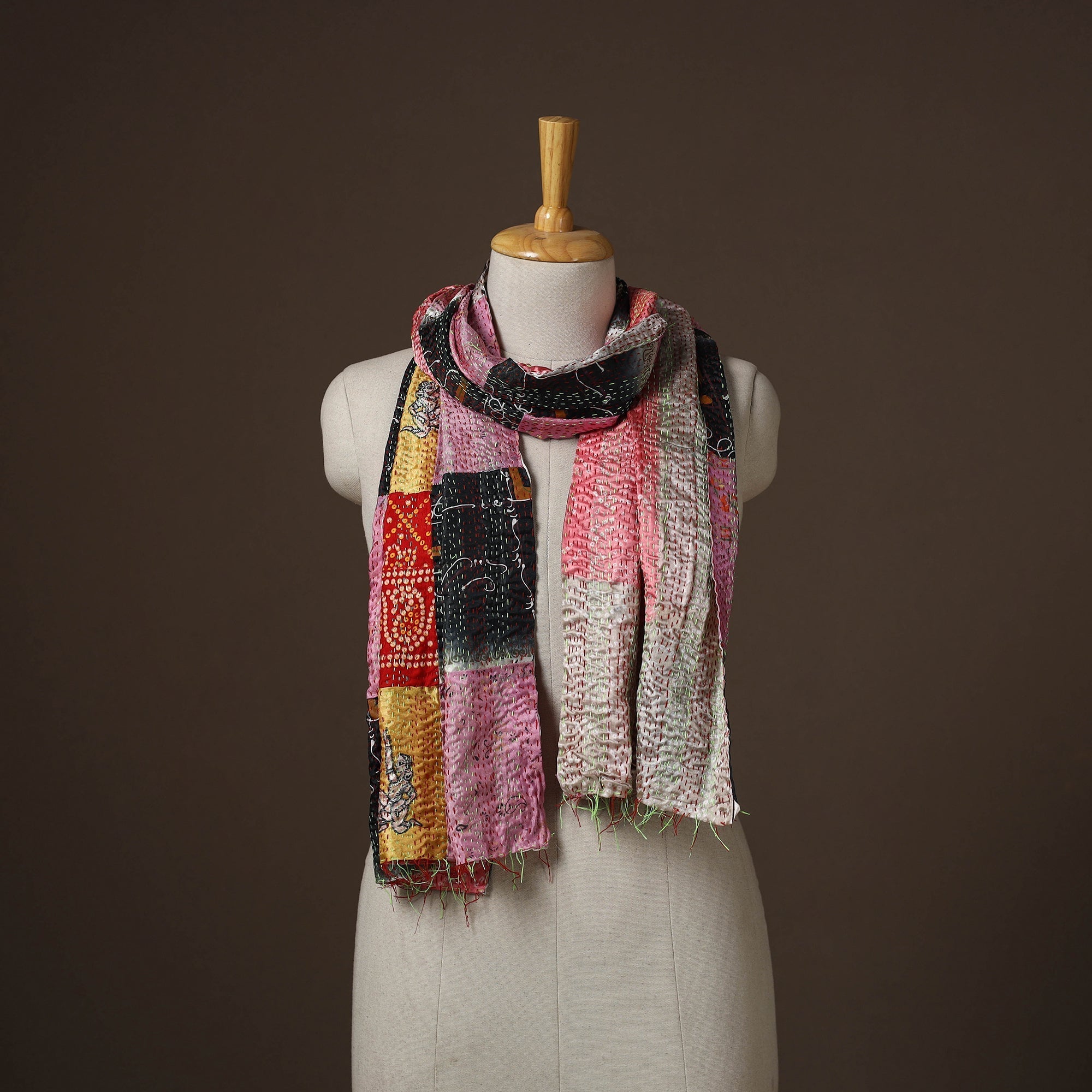 Patchwork reversible silk bengal hand kantha stitch stole