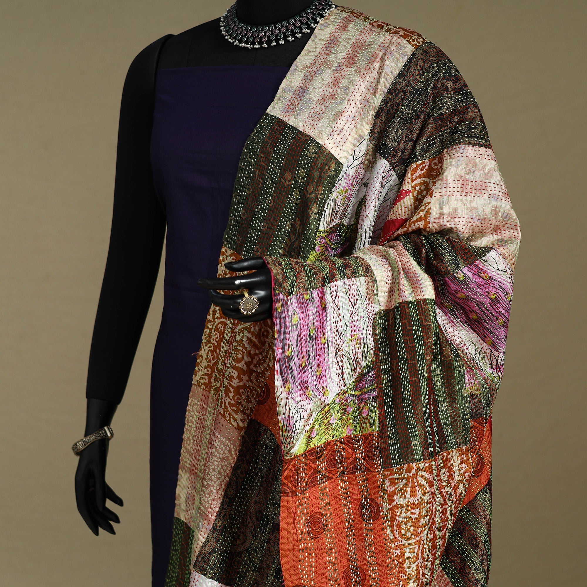 Multicolor - patchwork reversible silk bengal kantha work