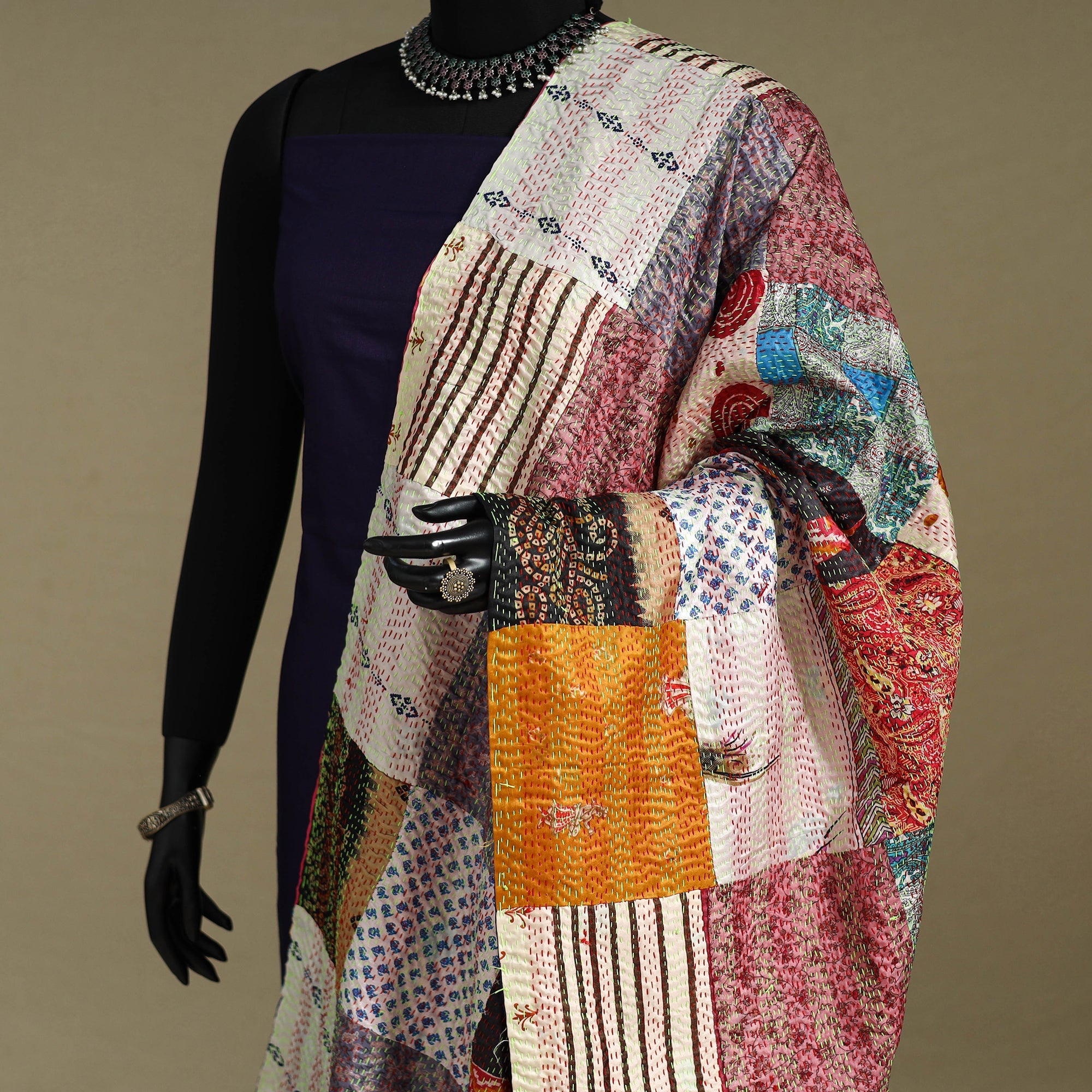 Multicolor - patchwork reversible silk bengal kantha work