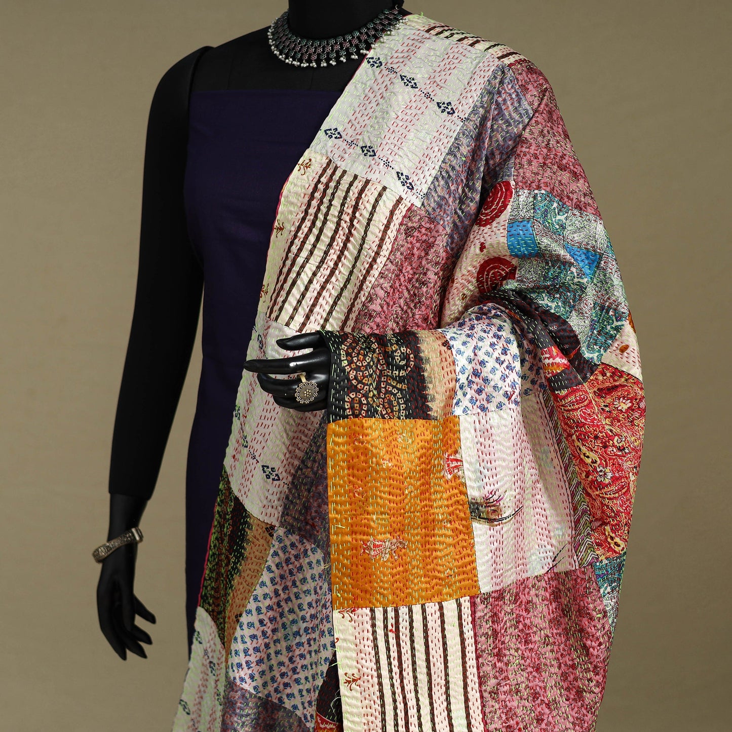 Multicolor - patchwork reversible silk bengal kantha work