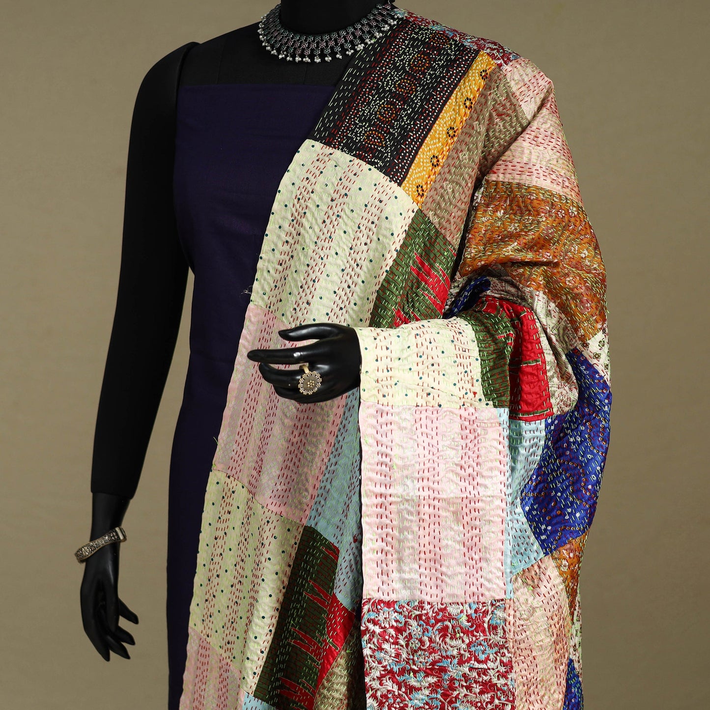 Multicolor - patchwork reversible silk bengal kantha work