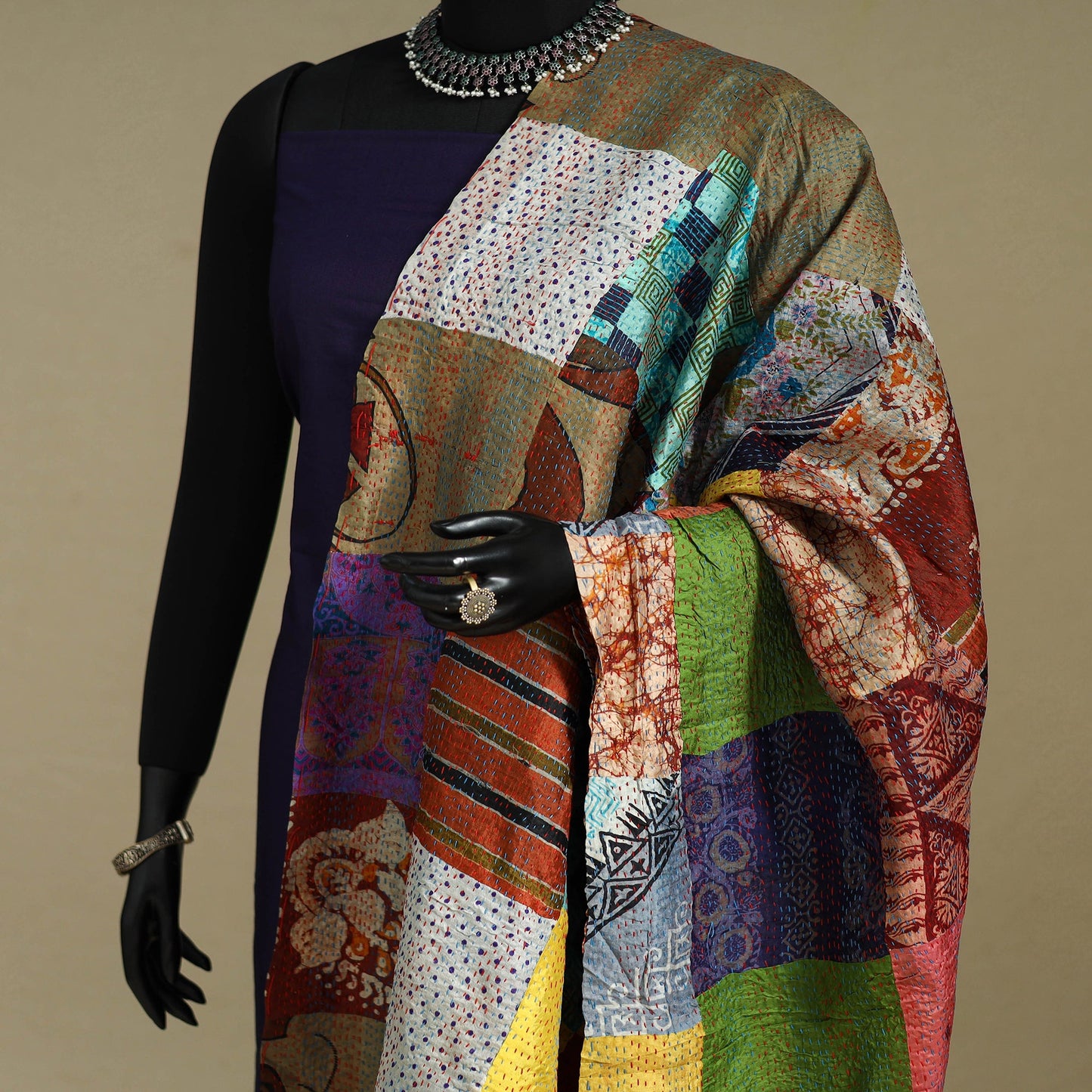 Multicolor - patchwork reversible silk bengal kantha work