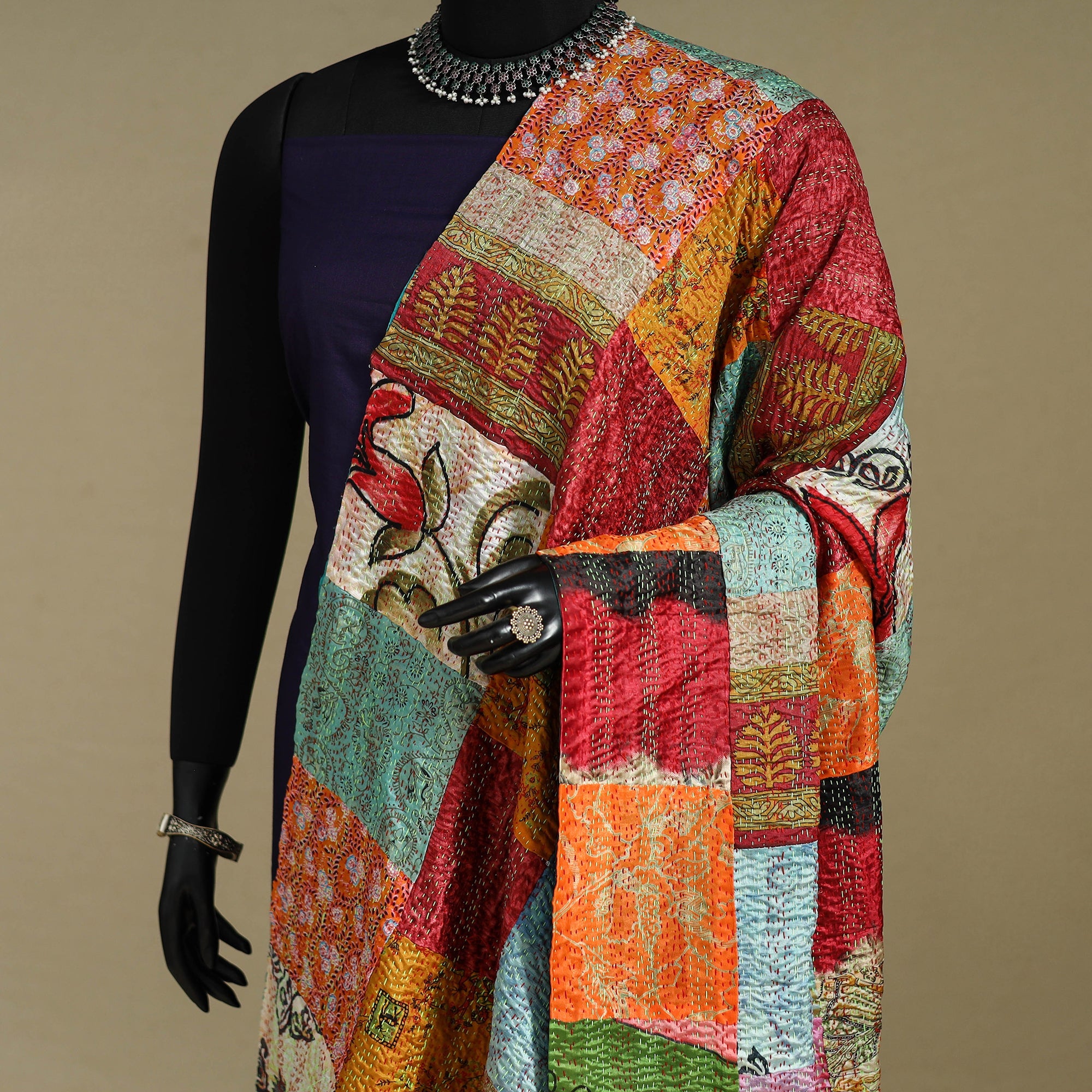 Multicolor - patchwork reversible silk bengal kantha work