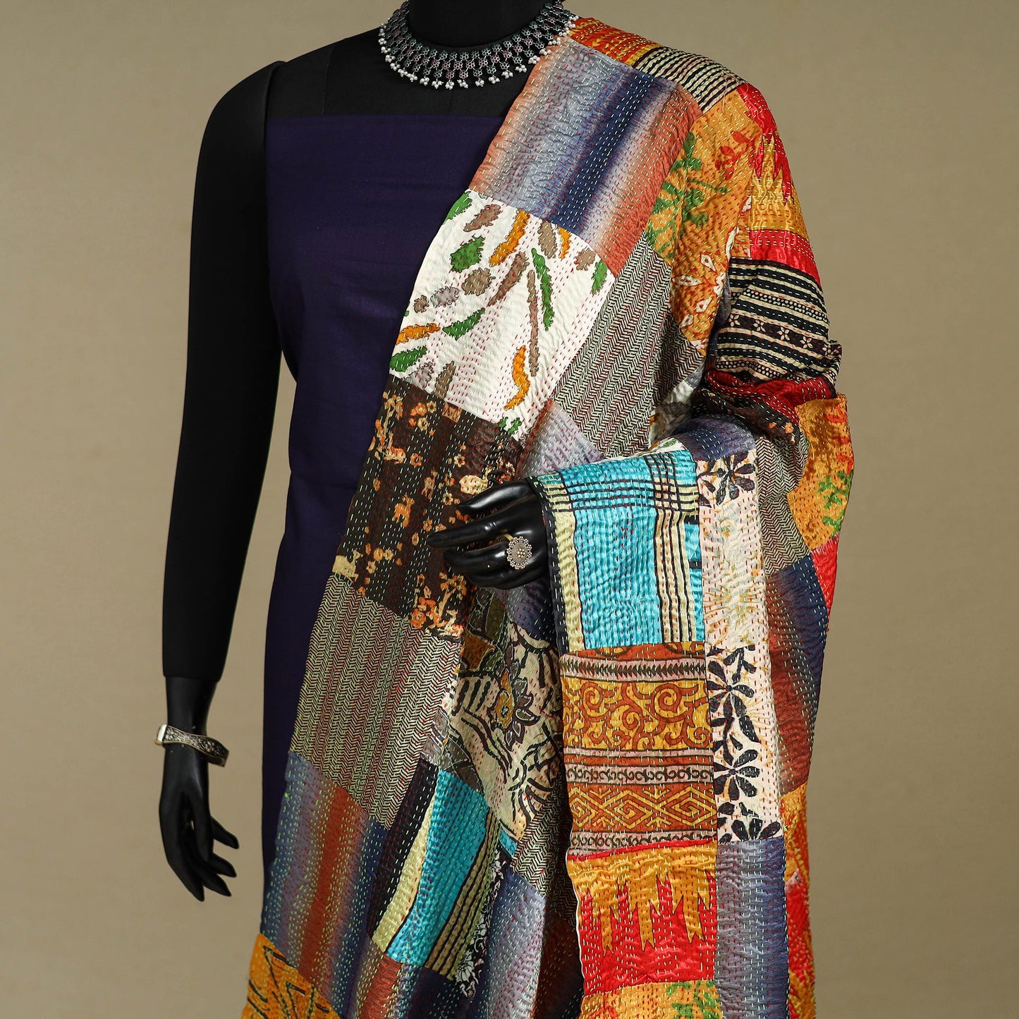 Multicolor - patchwork reversible silk bengal kantha work