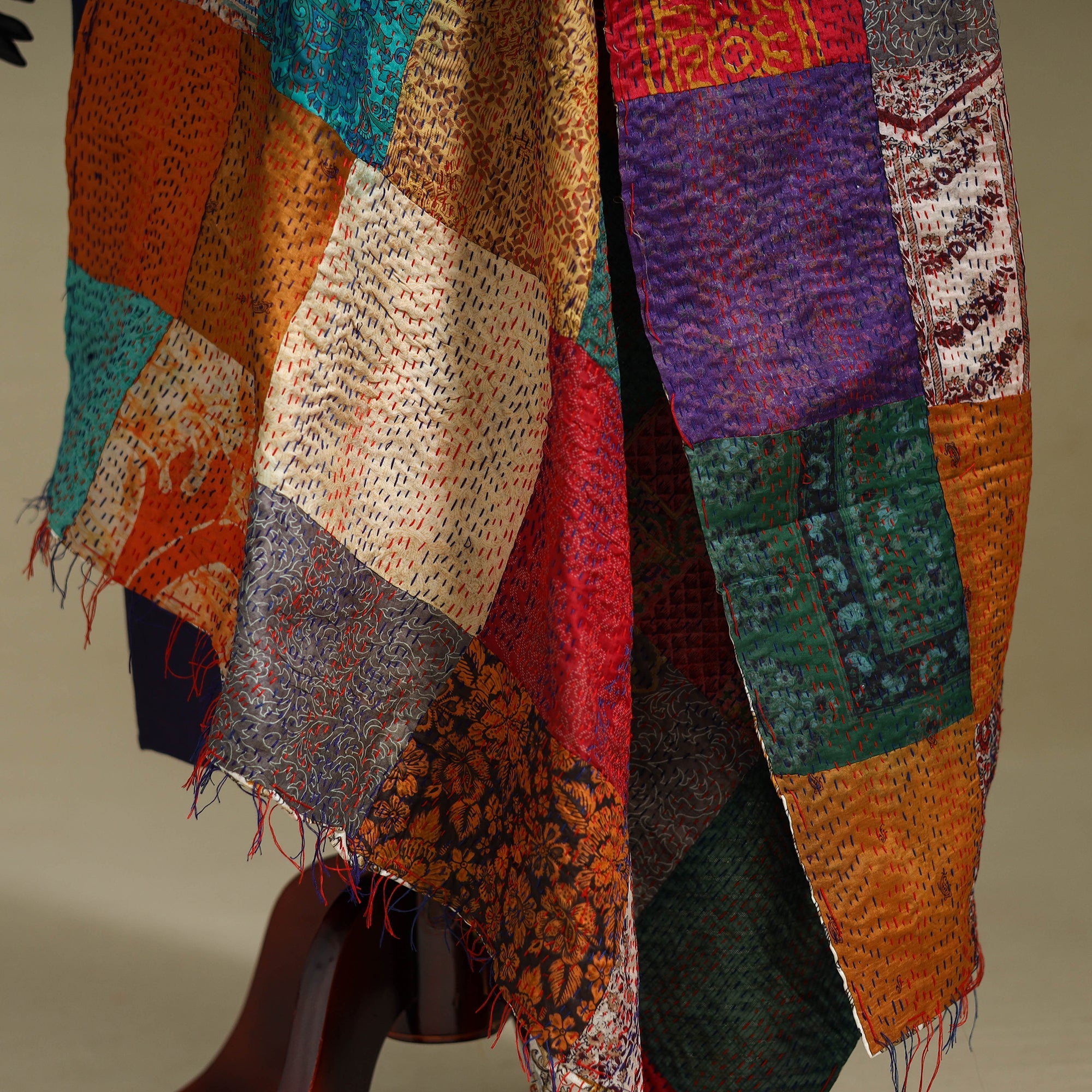 Multicolor - patchwork reversible silk bengal kantha work