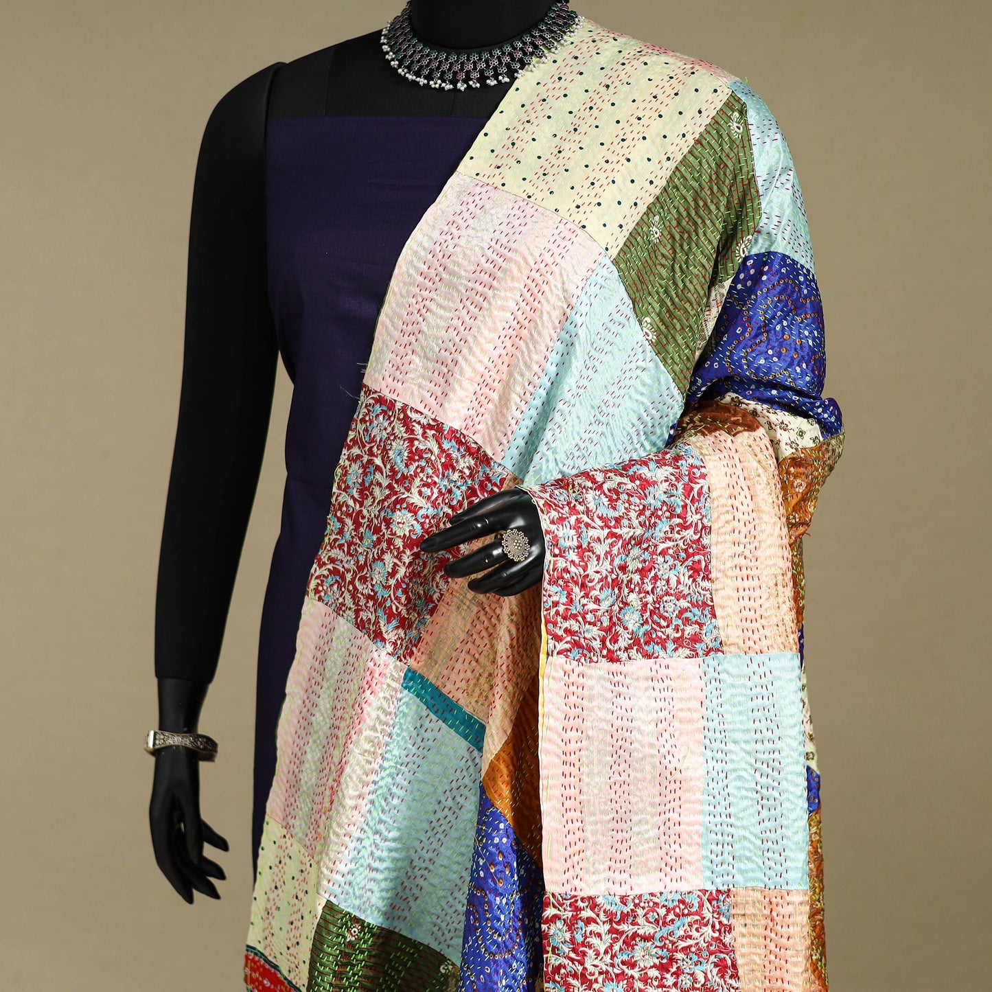 Multicolor - patchwork reversible silk bengal kantha work