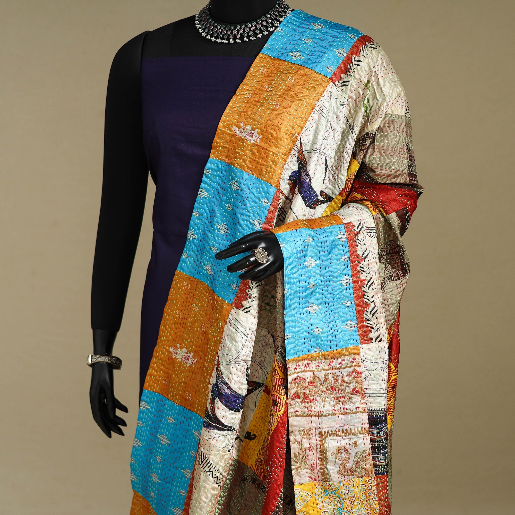 Multicolor - patchwork reversible silk bengal kantha work