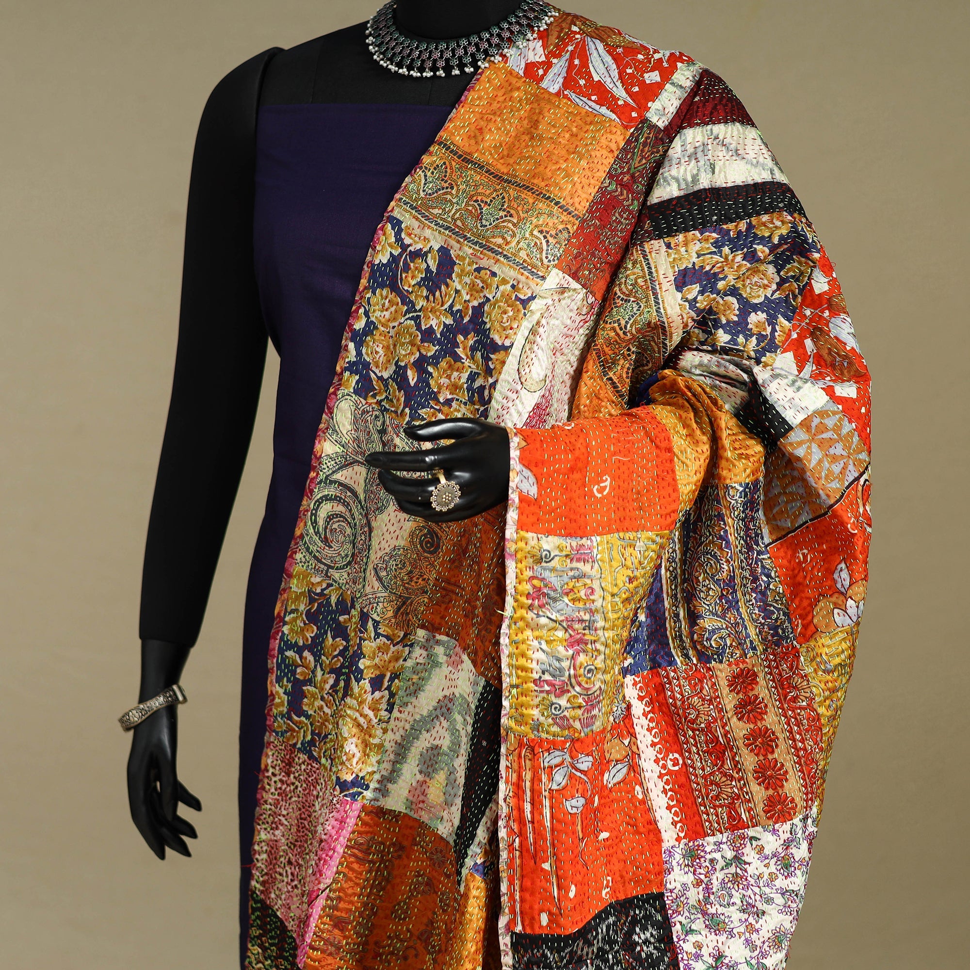 Multicolor - patchwork reversible silk bengal kantha work