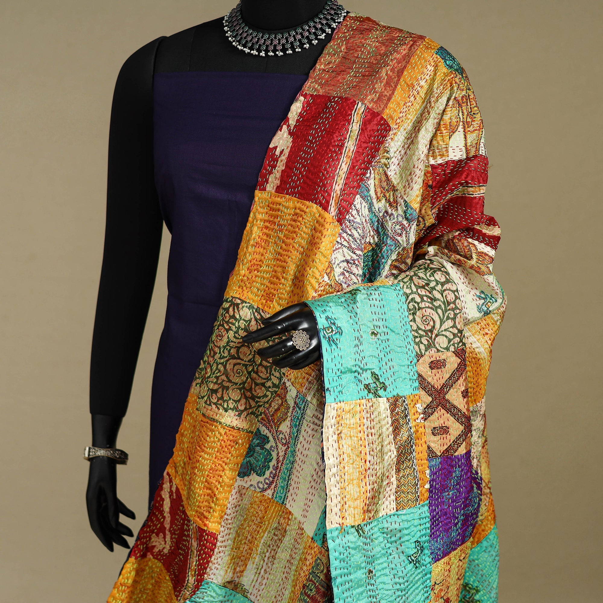 Multicolor - patchwork reversible silk bengal kantha work