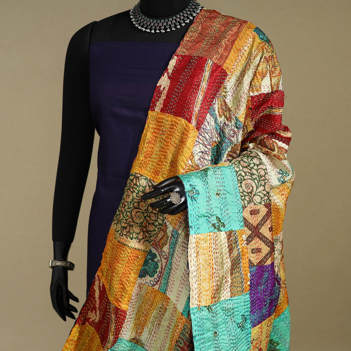 Multicolor - patchwork reversible silk bengal kantha work