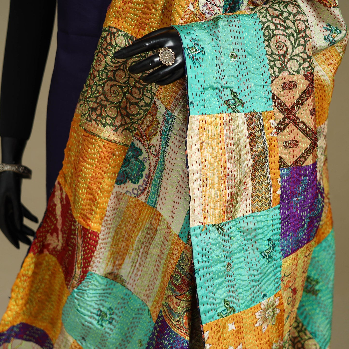 Multicolor - patchwork reversible silk bengal kantha work