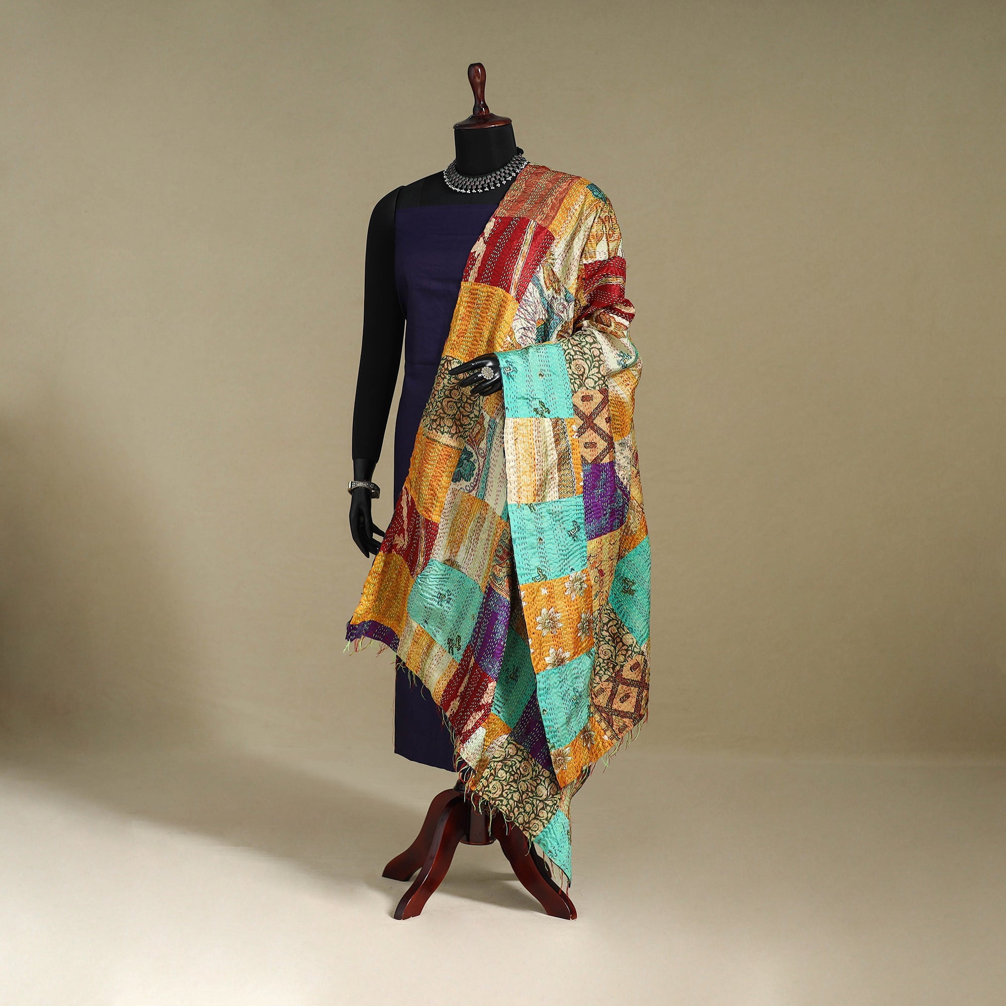 Multicolor - patchwork reversible silk bengal kantha work