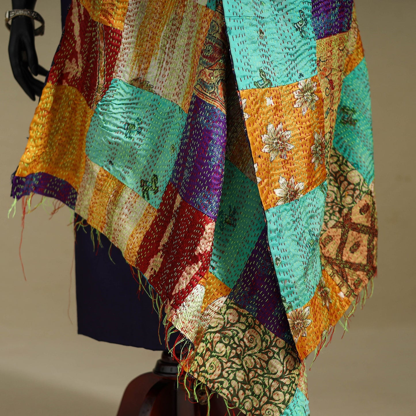 Multicolor - patchwork reversible silk bengal kantha work