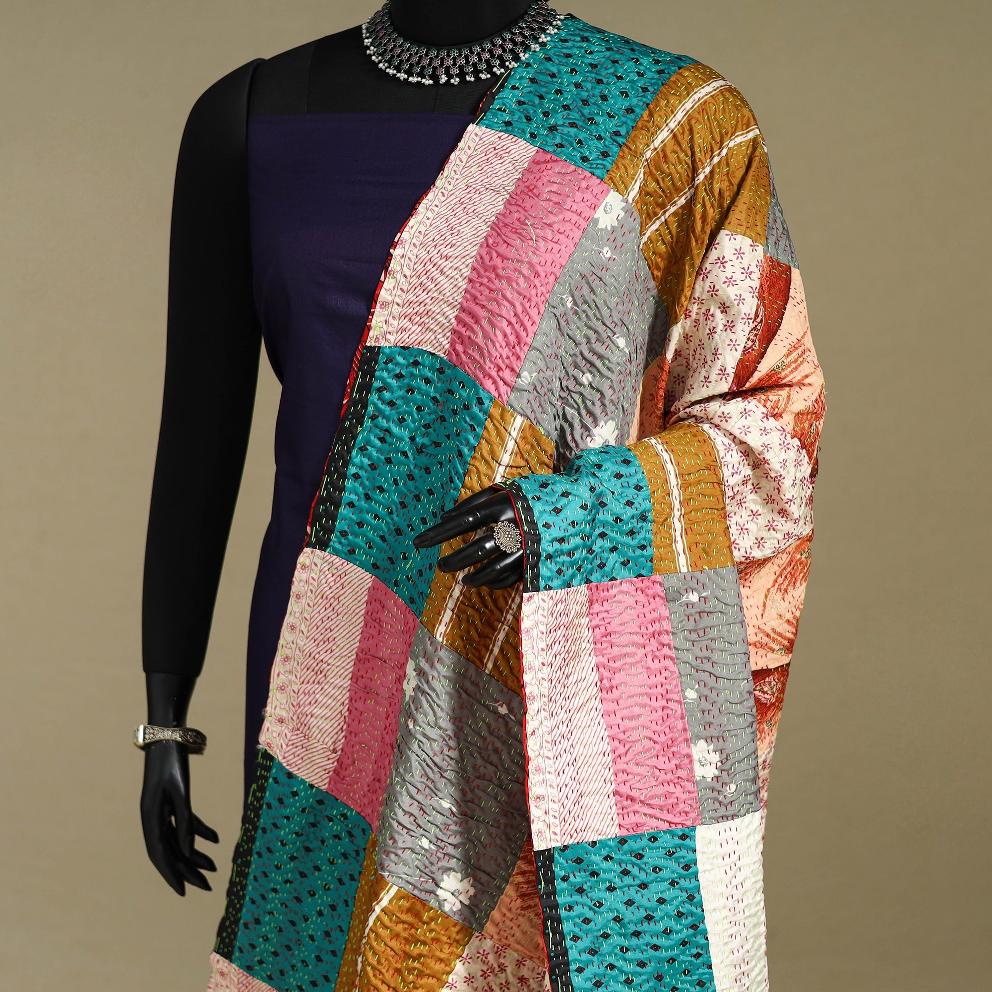 Multicolor - patchwork reversible silk bengal kantha work