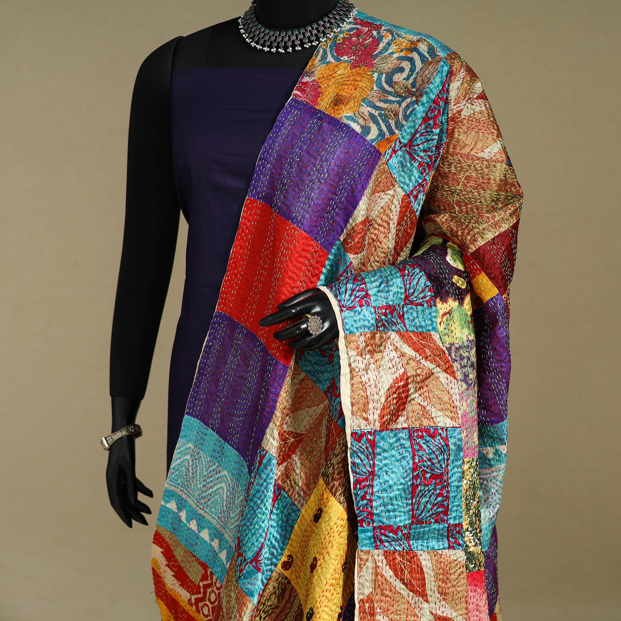 Multicolor - patchwork reversible silk bengal kantha work