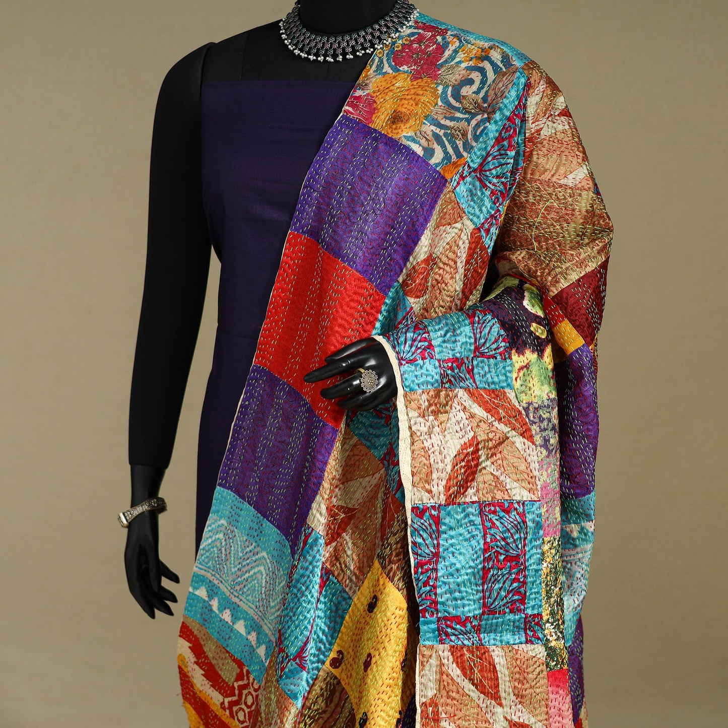 Multicolor - patchwork reversible silk bengal kantha work