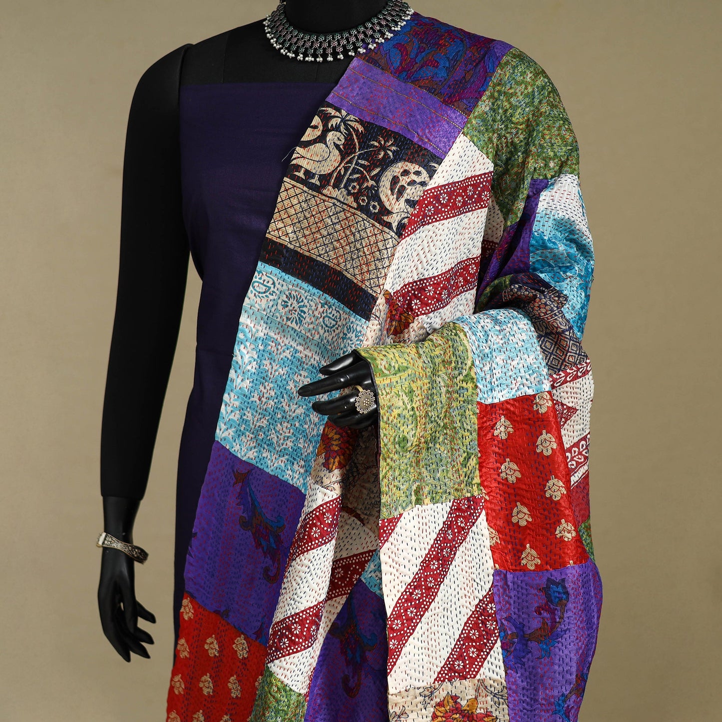 Multicolor - patchwork reversible silk bengal kantha work