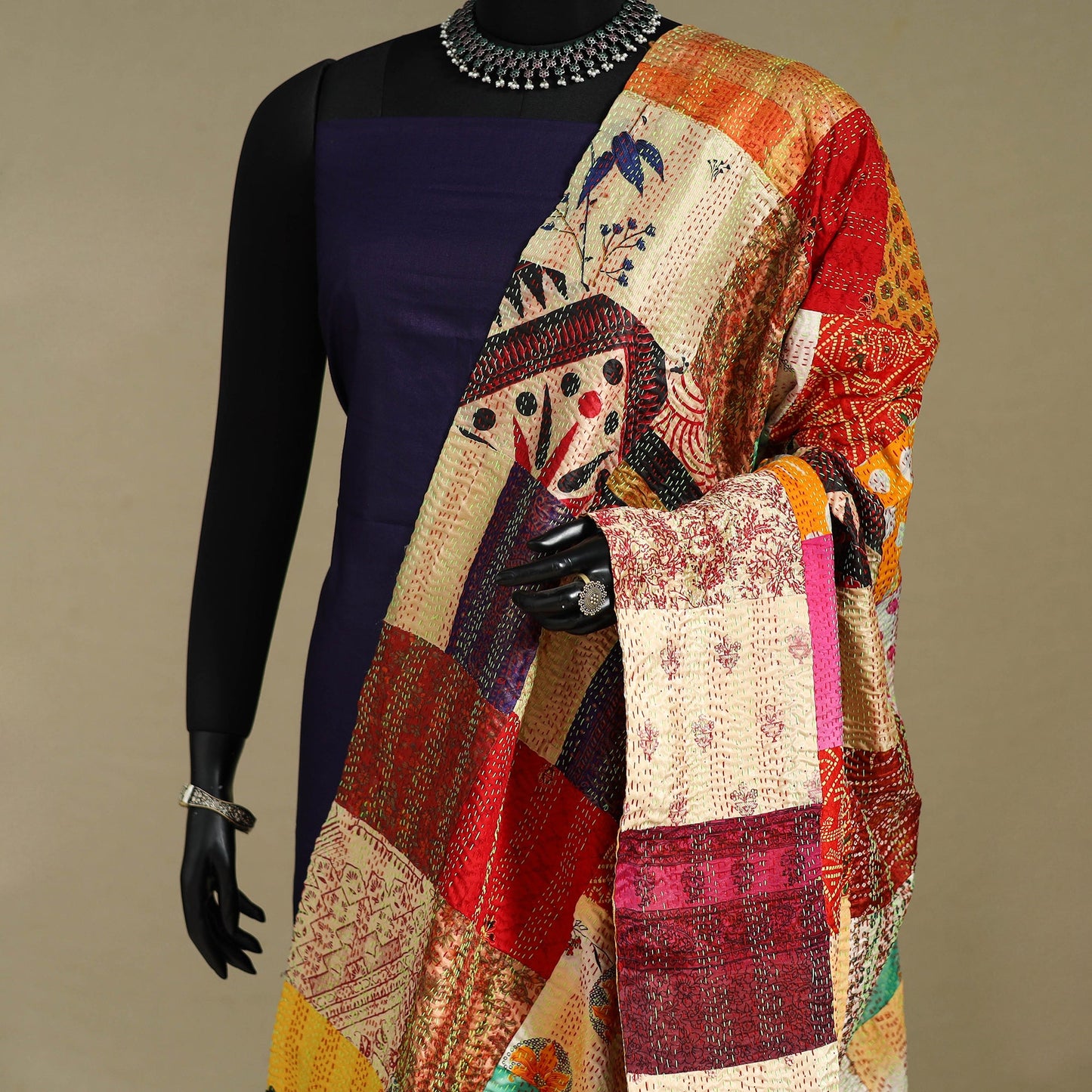 Multicolor - patchwork reversible silk bengal kantha work