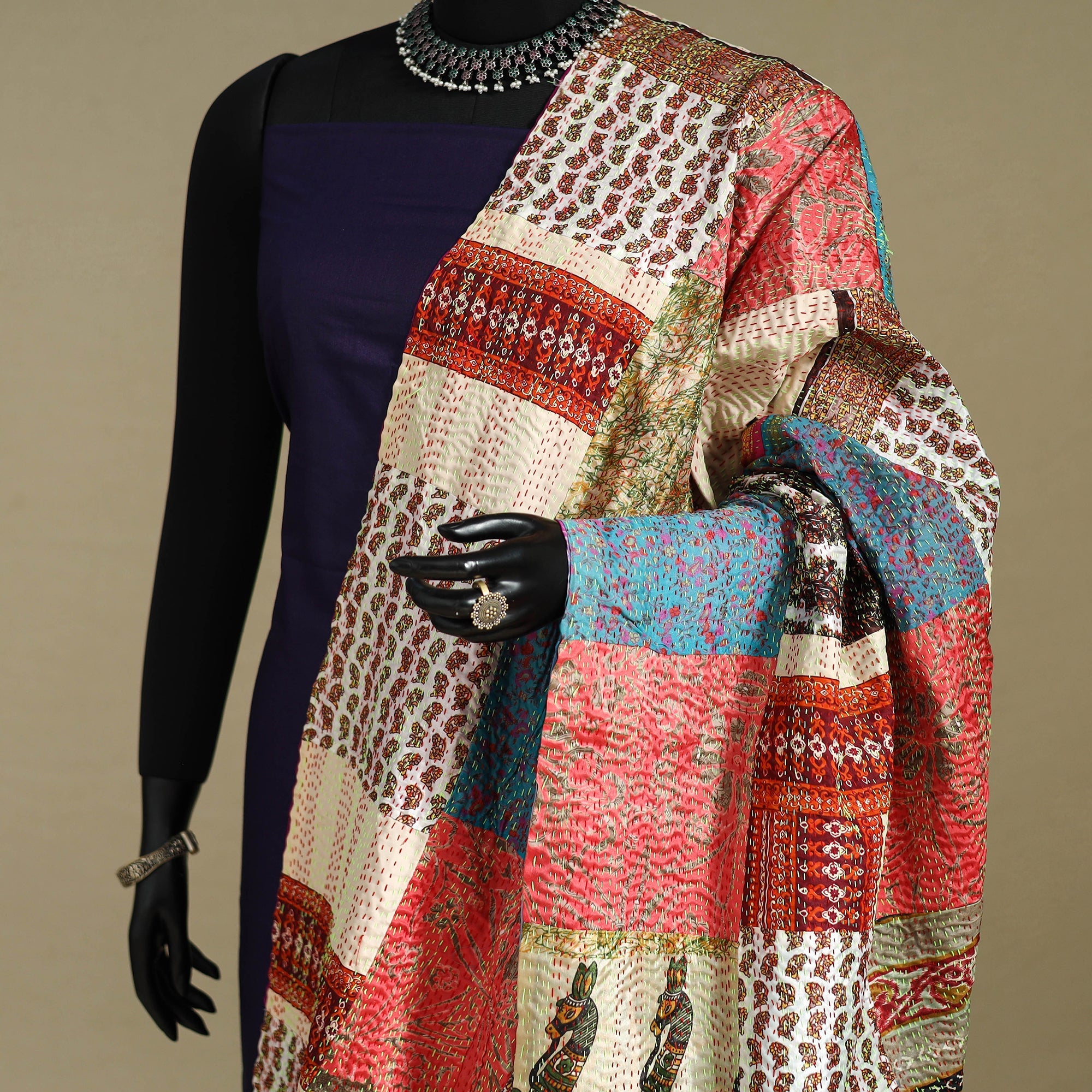 Multicolor - patchwork reversible silk bengal kantha work