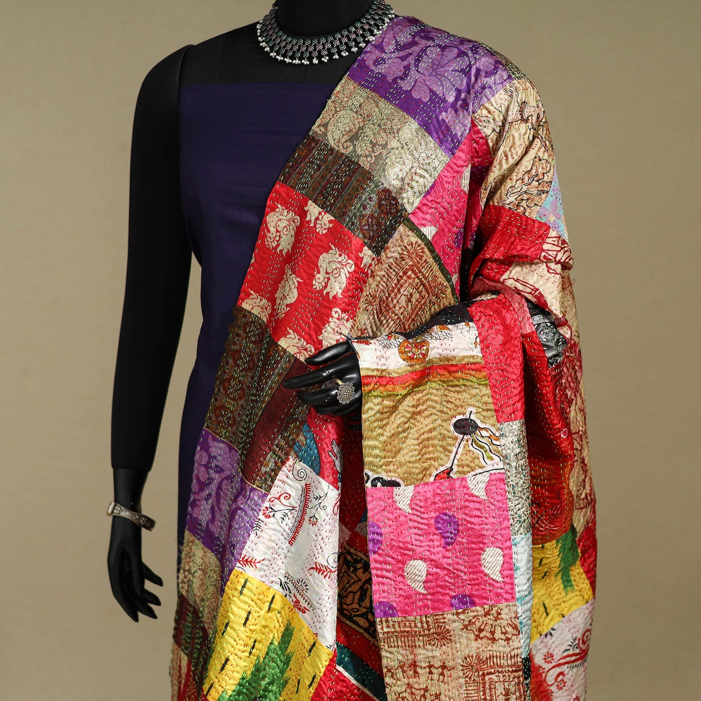 Multicolor - patchwork reversible silk bengal kantha work