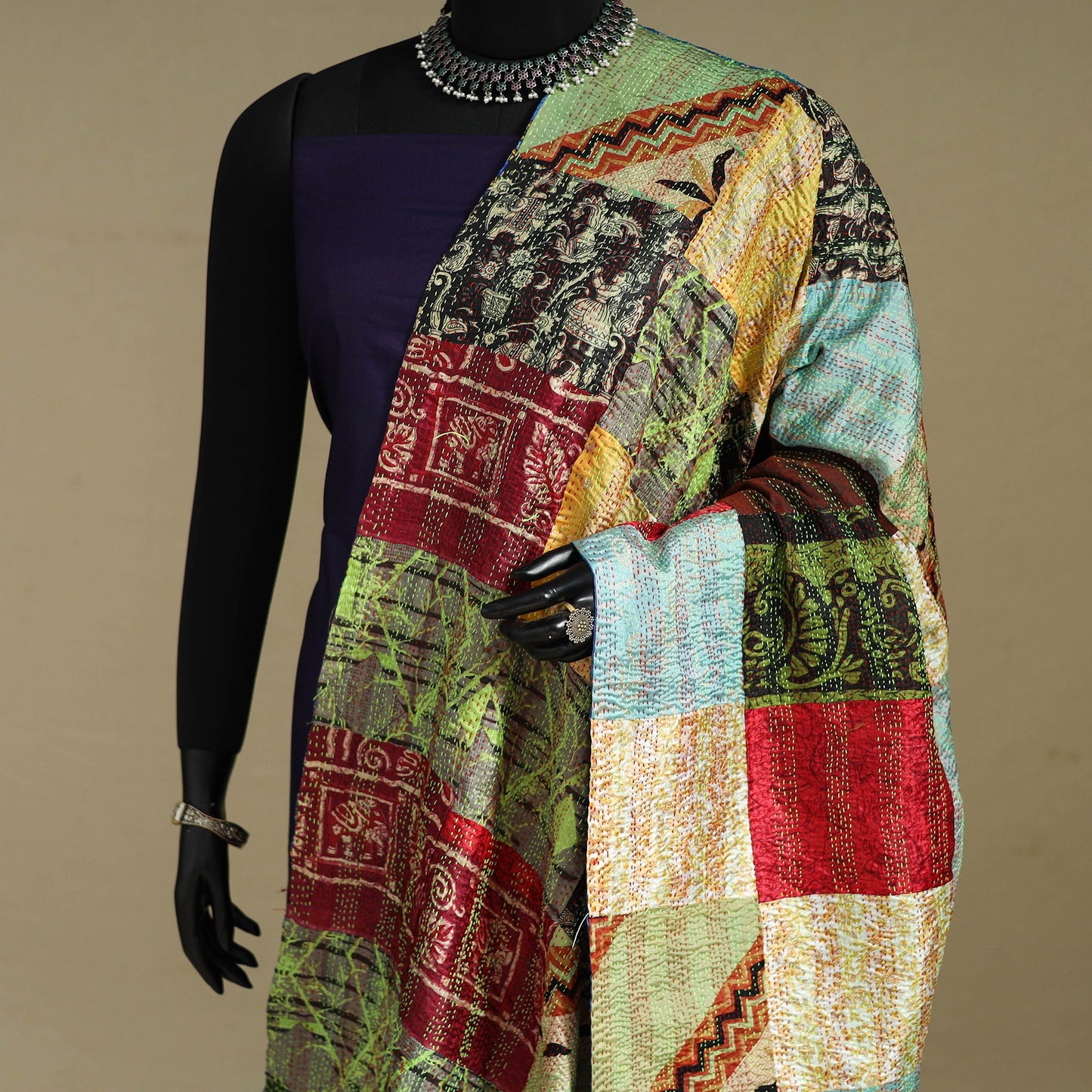 Multicolor - patchwork reversible silk bengal kantha work
