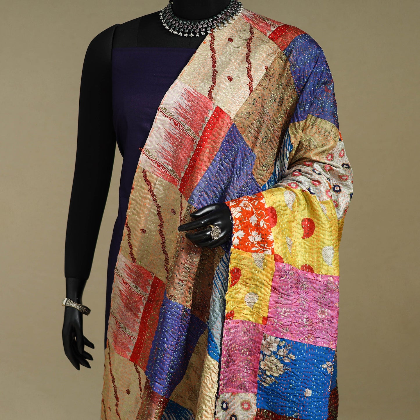 Multicolor - patchwork reversible silk bengal kantha work