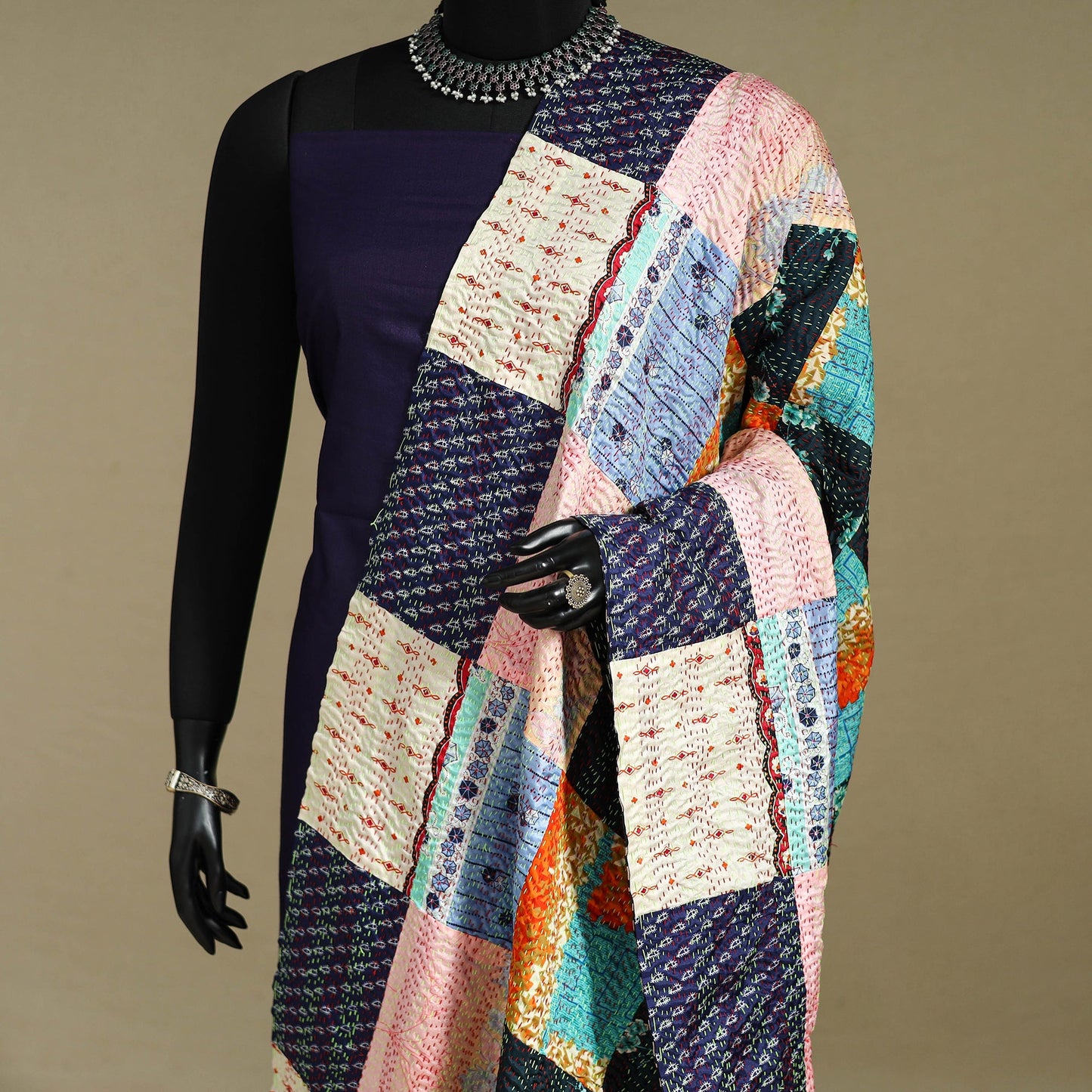 Multicolor - patchwork reversible silk bengal kantha work