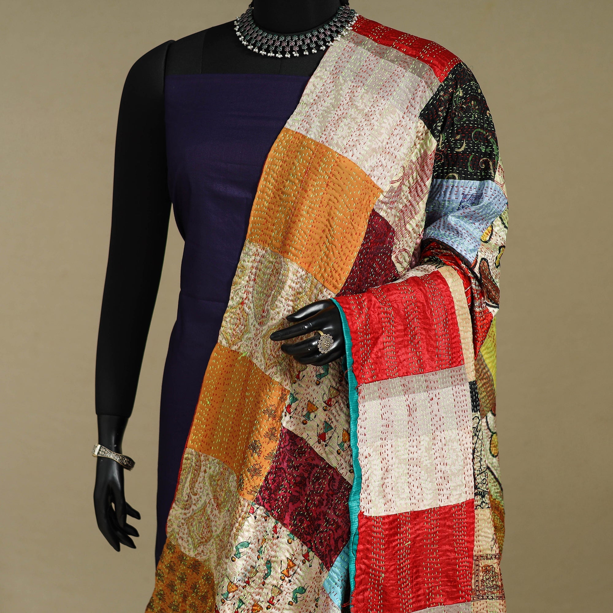 Multicolor - patchwork reversible silk bengal kantha work