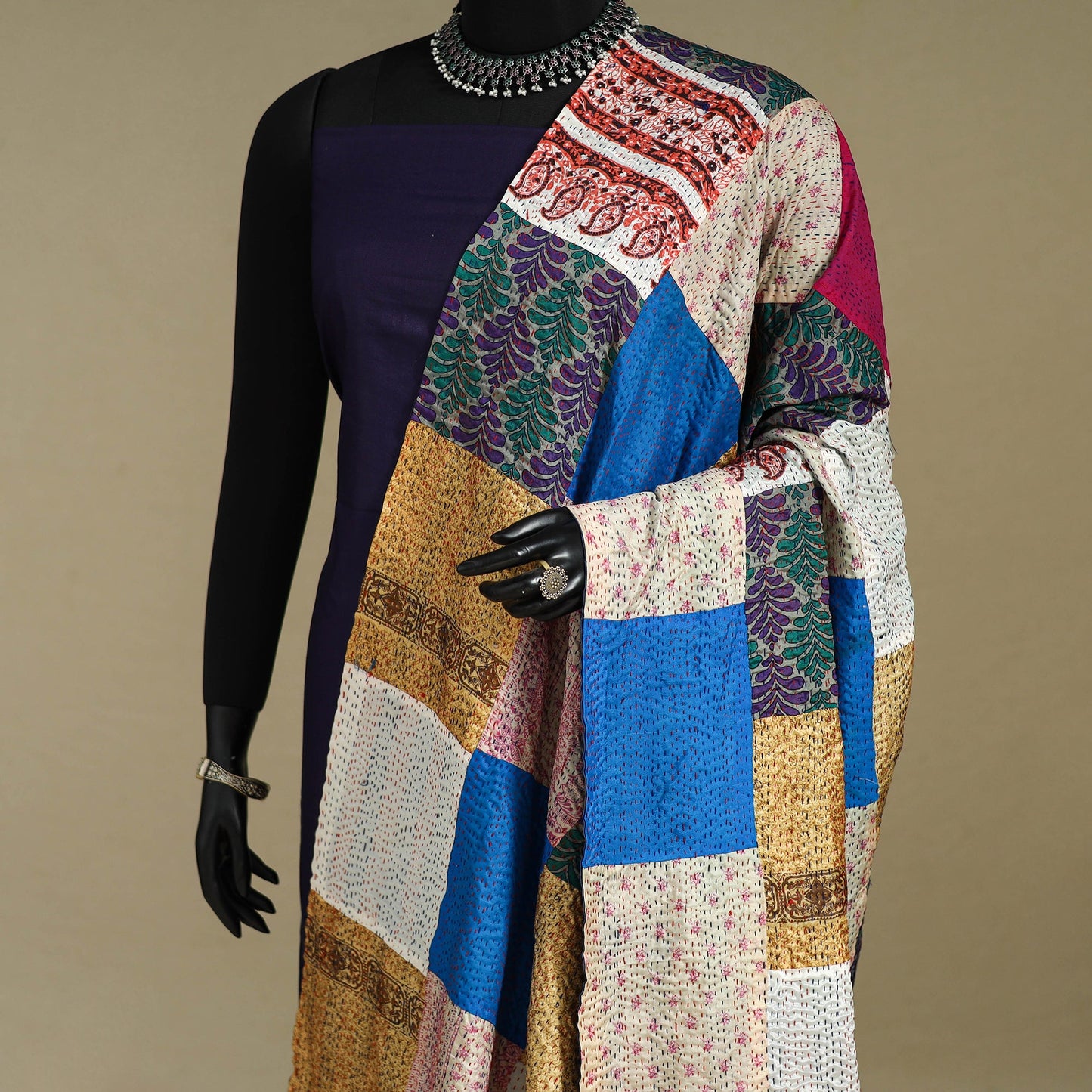 Multicolor - patchwork reversible silk bengal kantha work