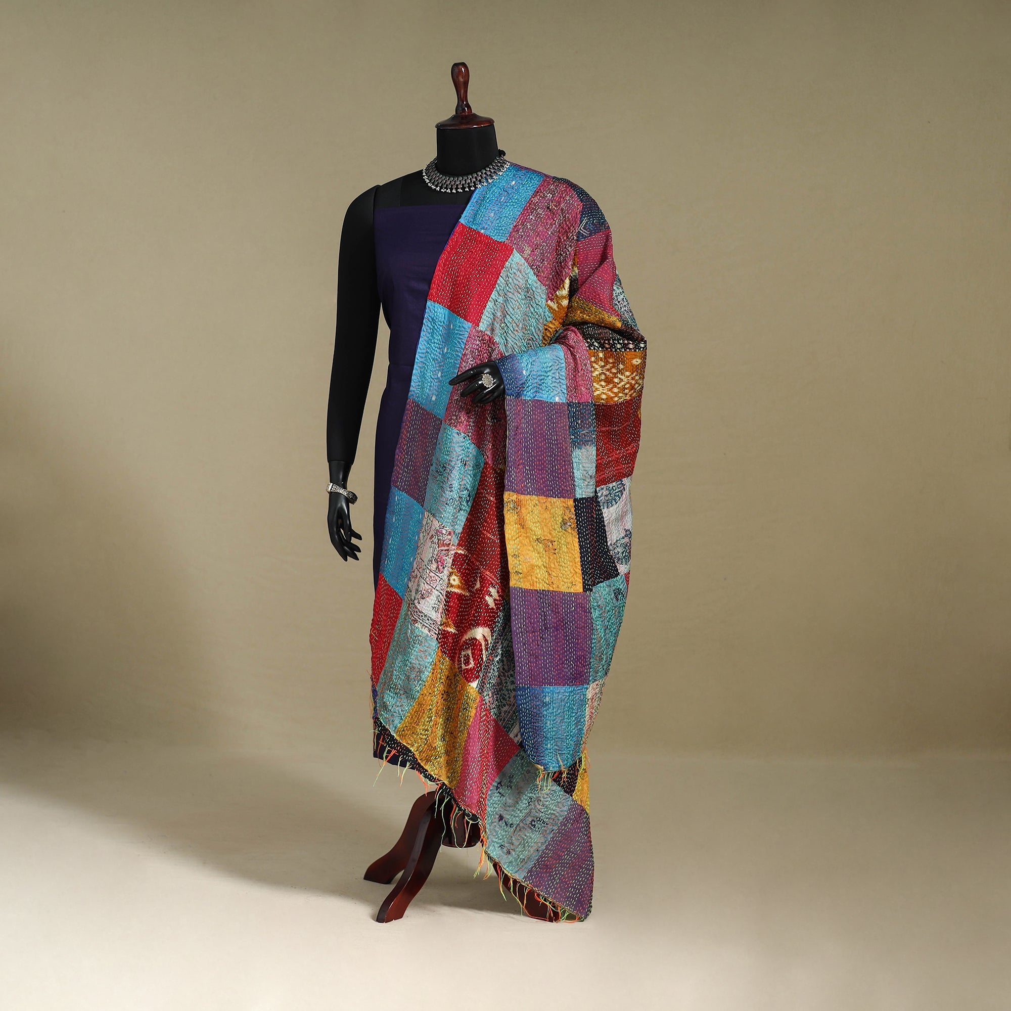 Multicolor - patchwork reversible silk bengal kantha work