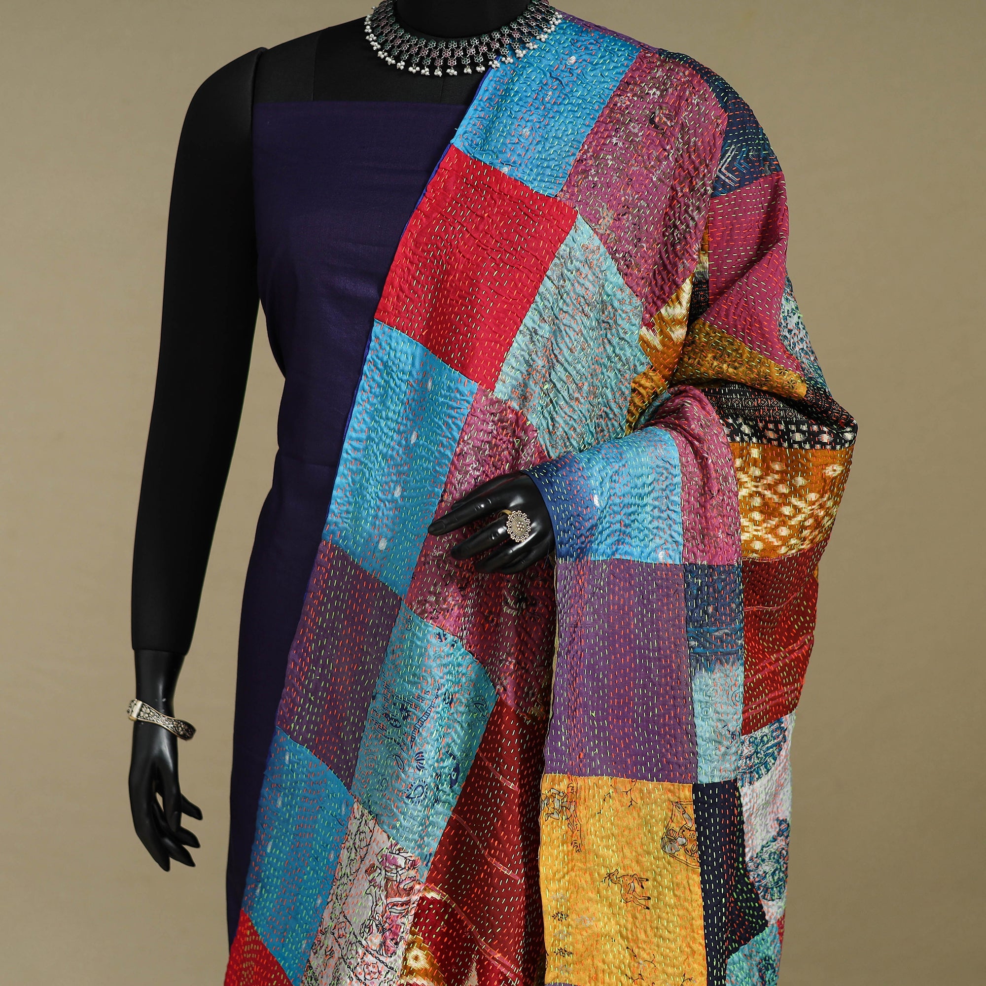 Multicolor - patchwork reversible silk bengal kantha work