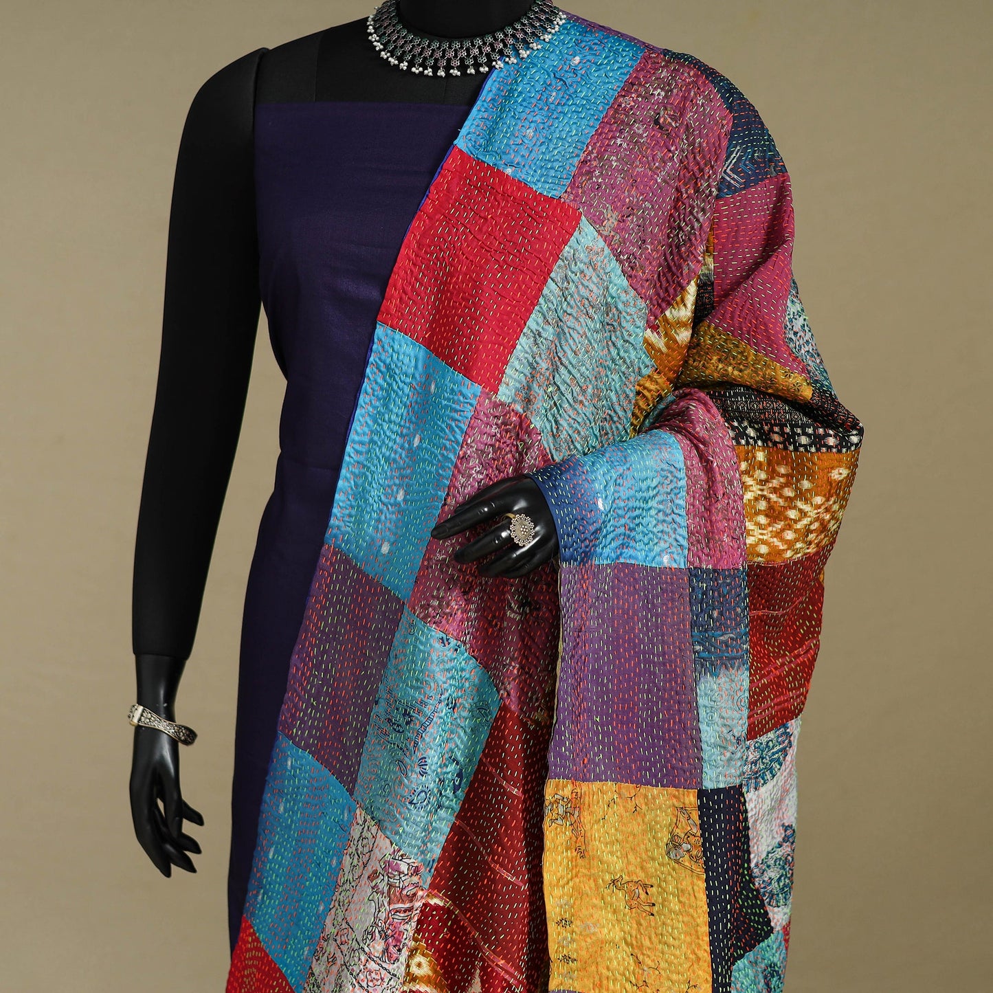 Multicolor - patchwork reversible silk bengal kantha work