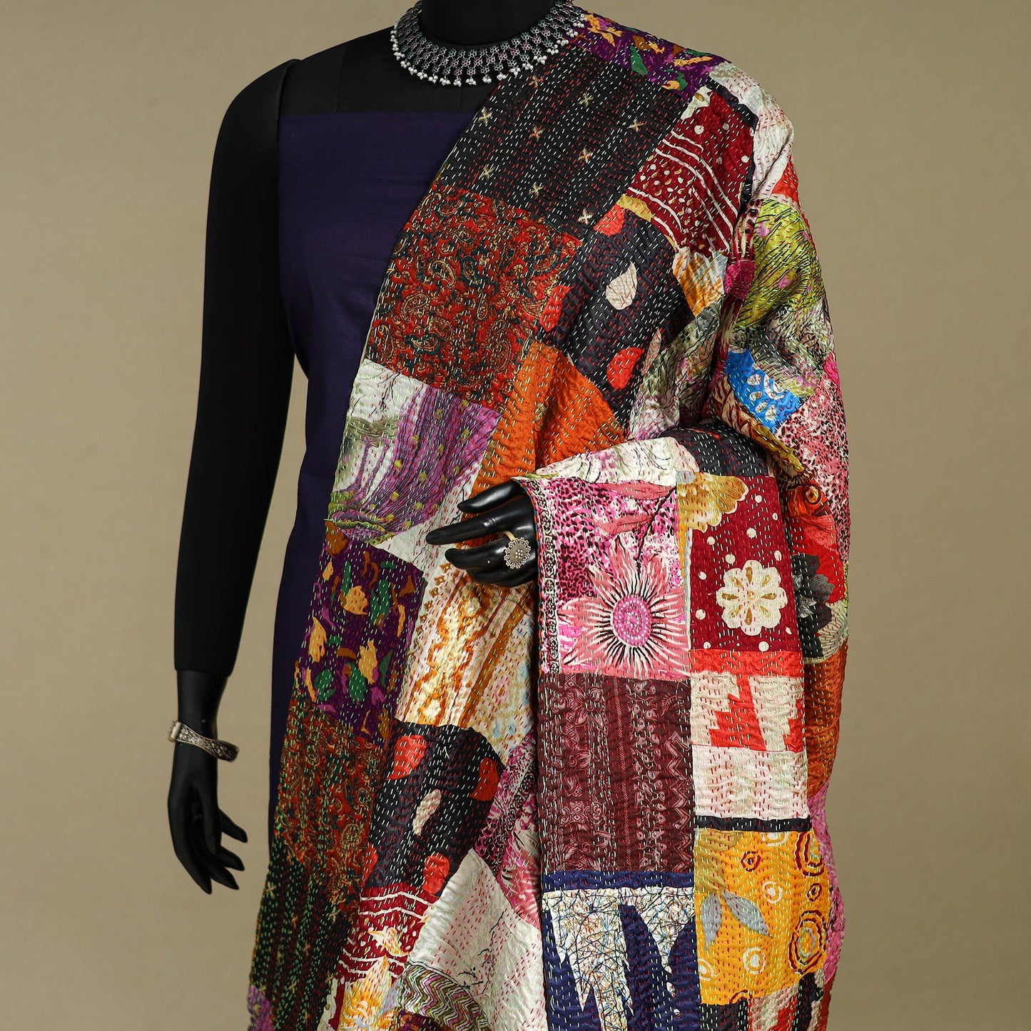 Multicolor - patchwork reversible silk bengal kantha work