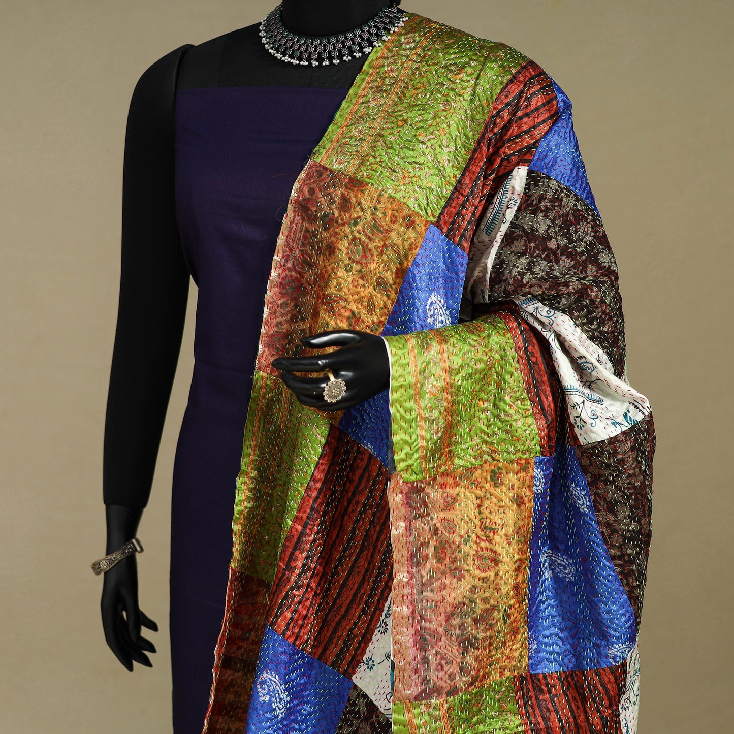 Multicolor - patchwork reversible silk bengal kantha work