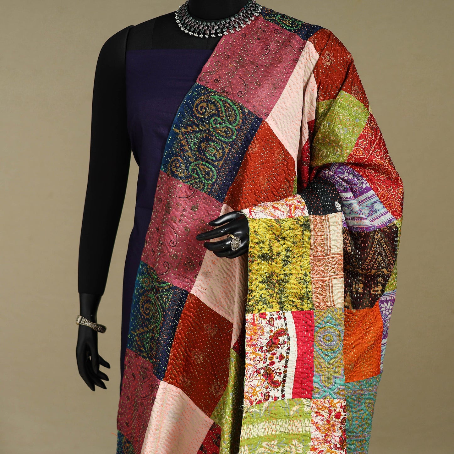 Multicolor - patchwork reversible silk bengal kantha work