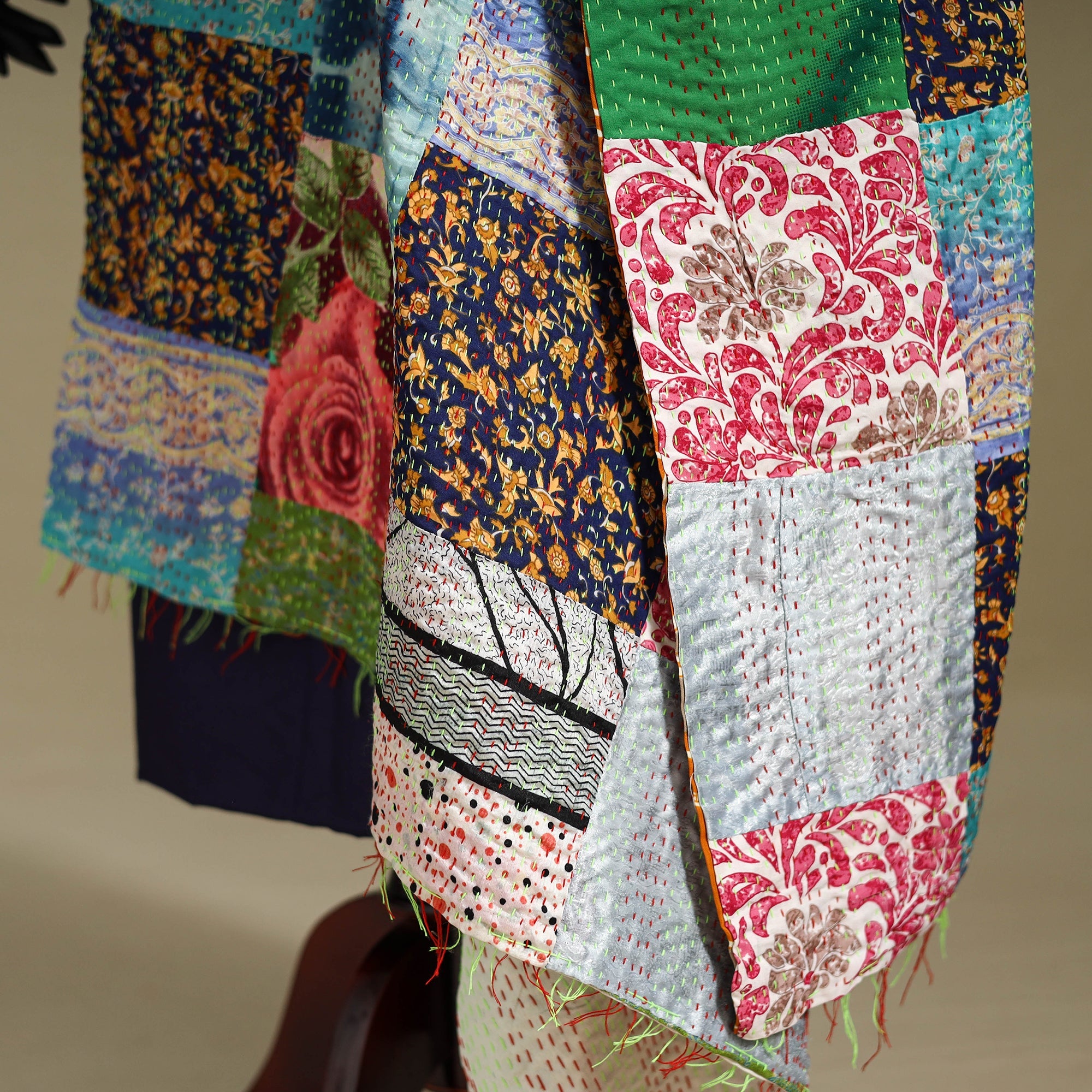 Multicolor - patchwork reversible silk bengal kantha work