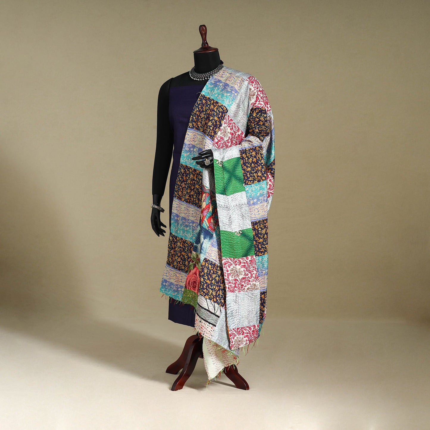 Multicolor - patchwork reversible silk bengal kantha work