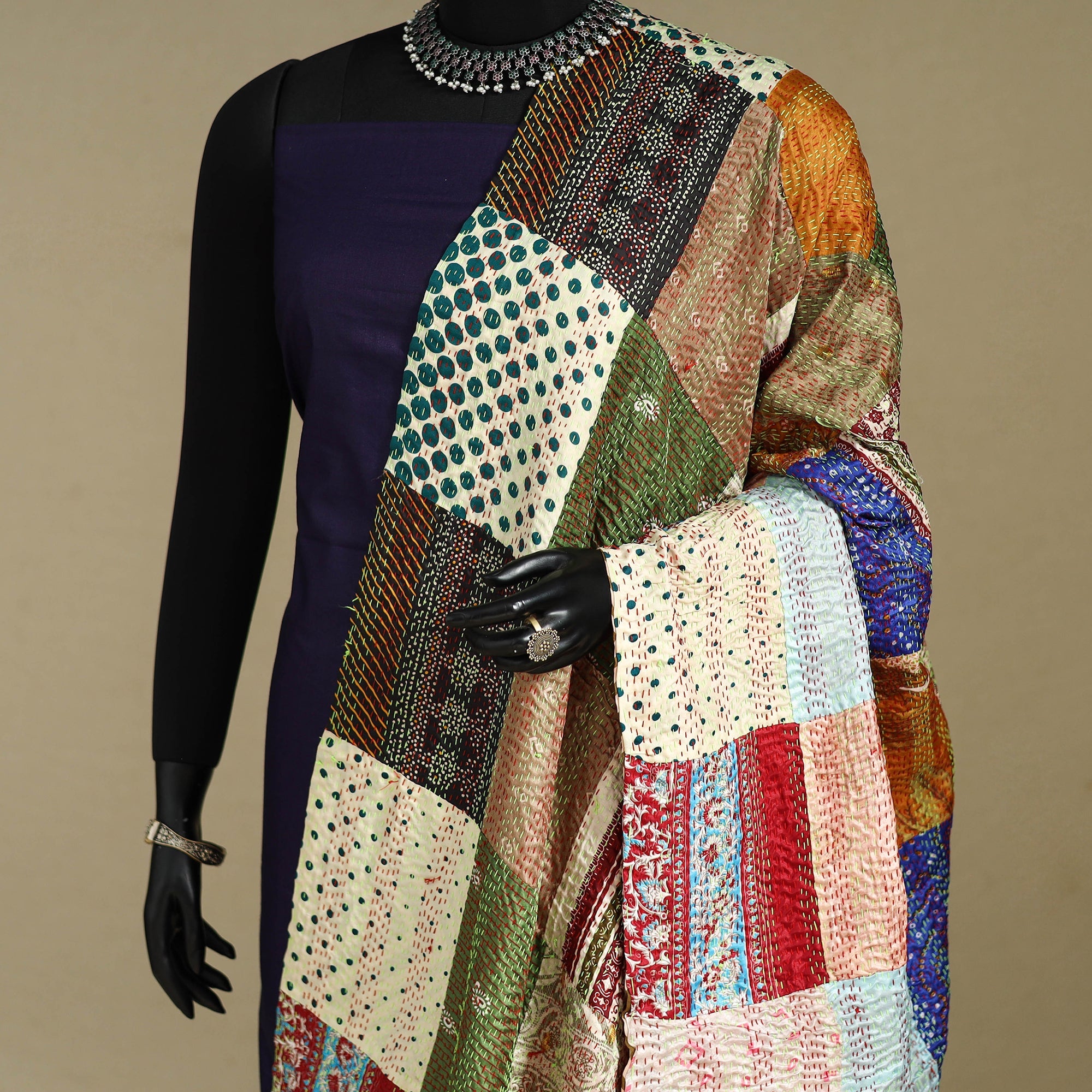 Multicolor - patchwork reversible silk bengal kantha work