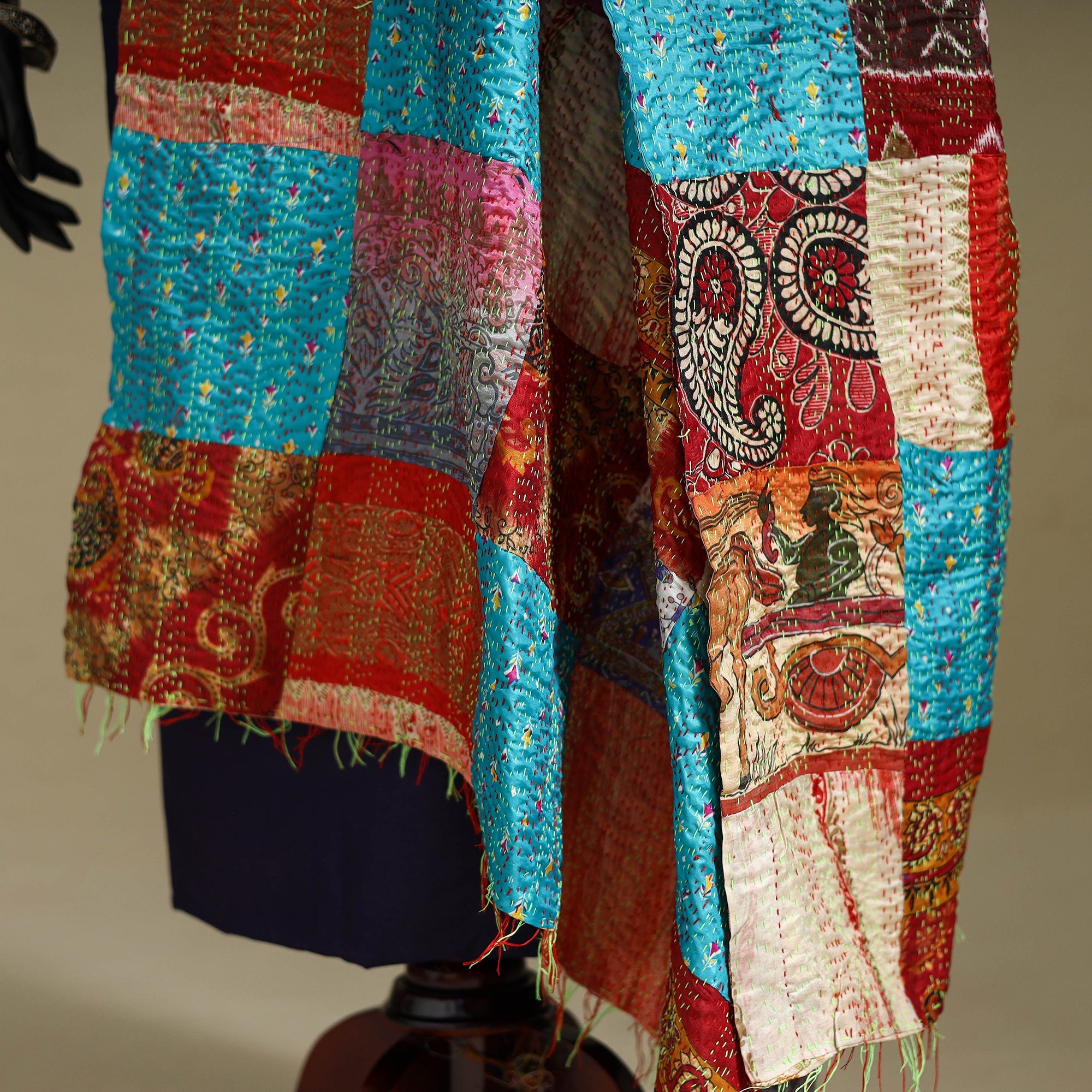 Multicolor - patchwork reversible silk bengal kantha work