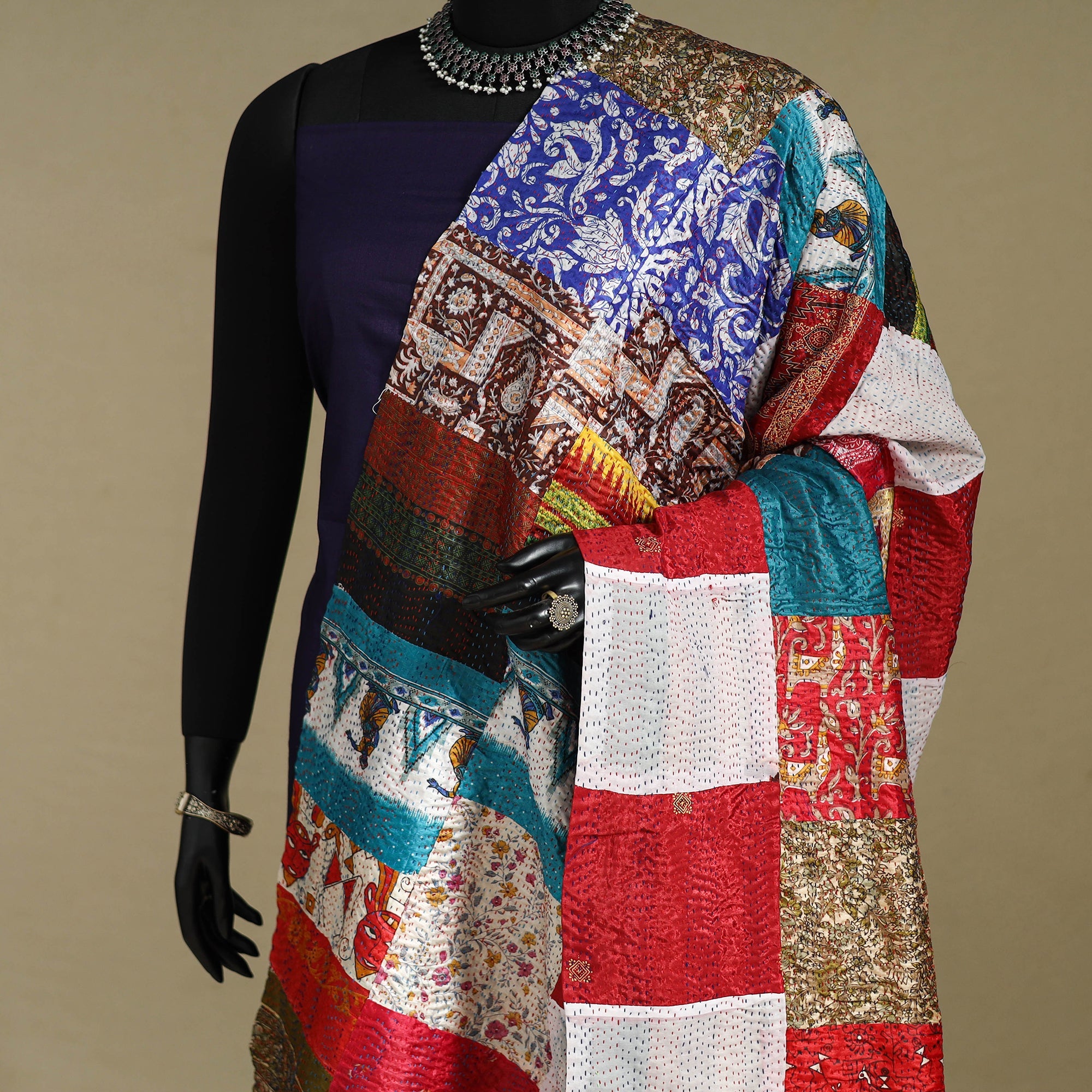 Multicolor - patchwork reversible silk bengal kantha work