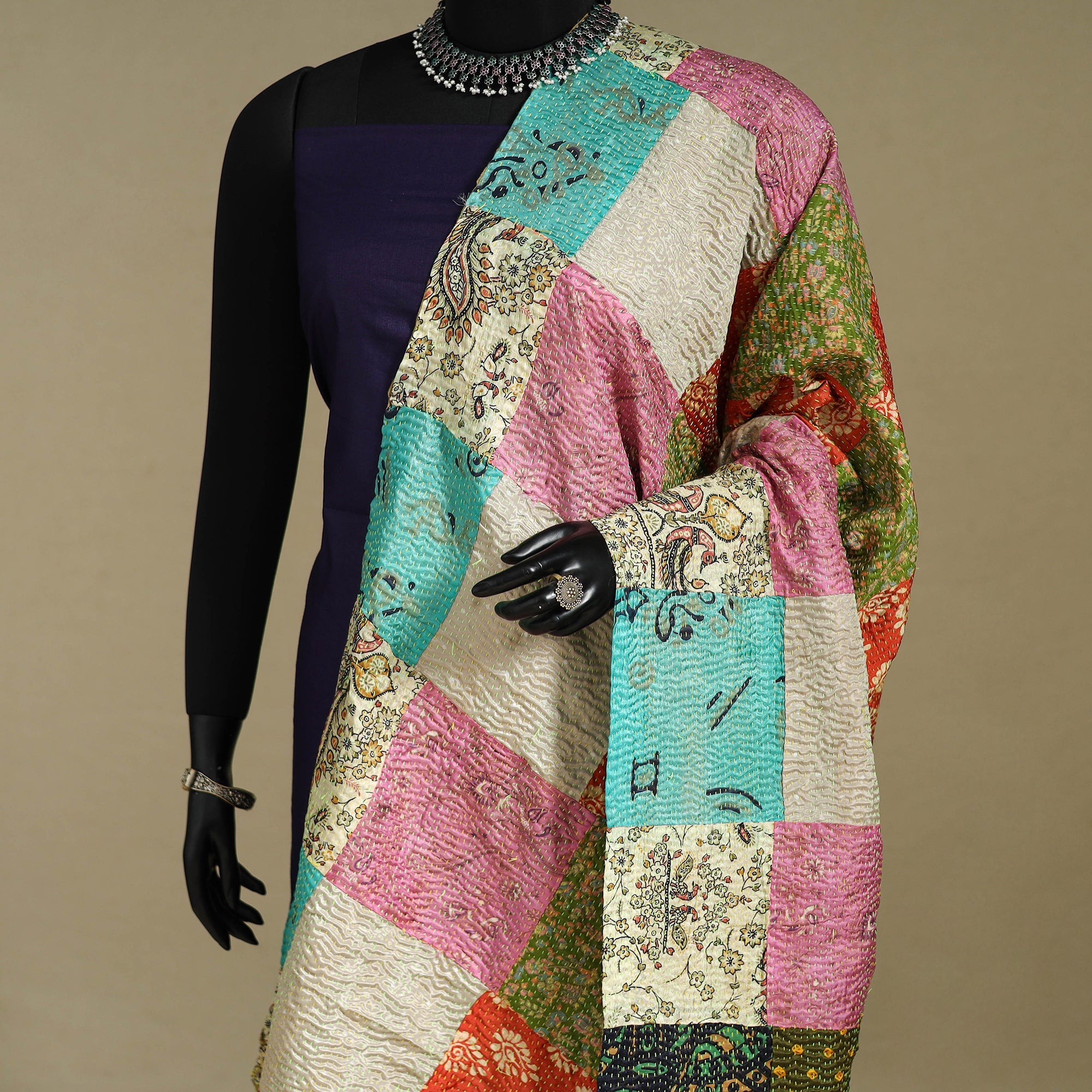 Multicolor - patchwork reversible silk bengal kantha work