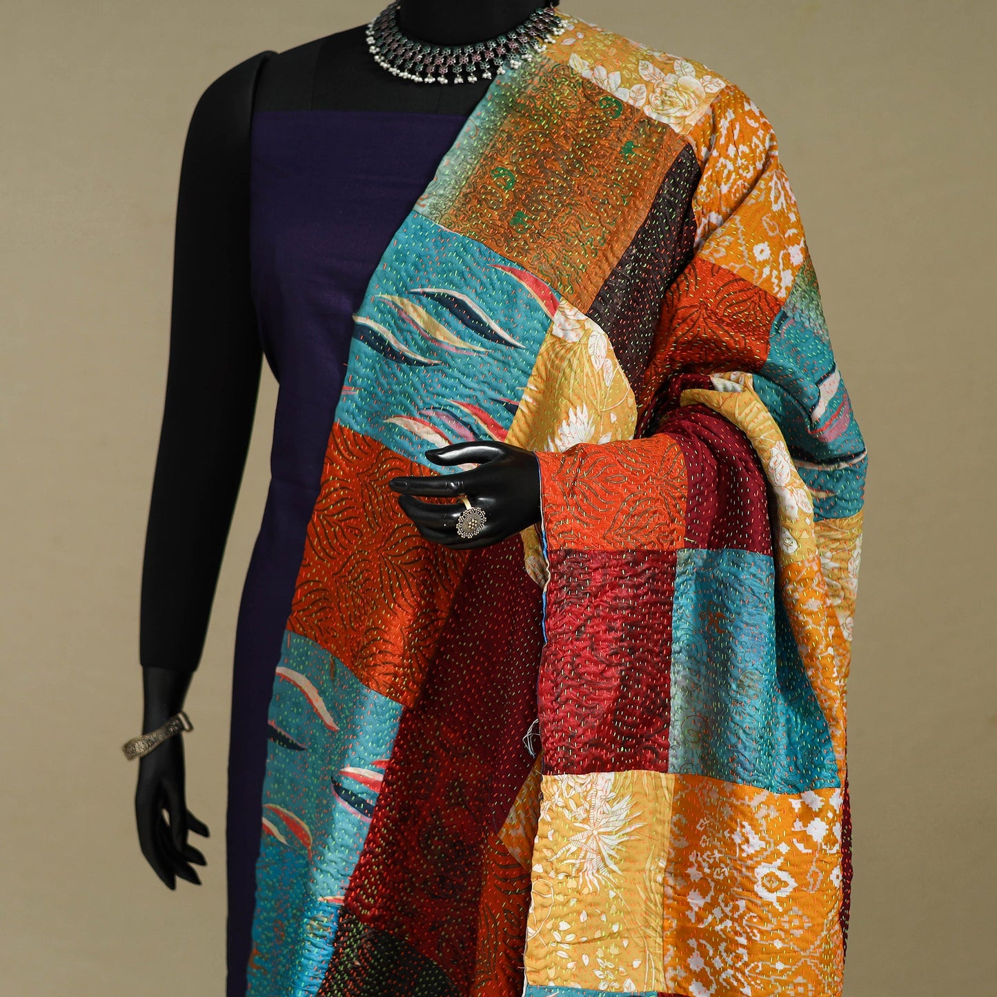 Multicolor - patchwork reversible silk bengal kantha work