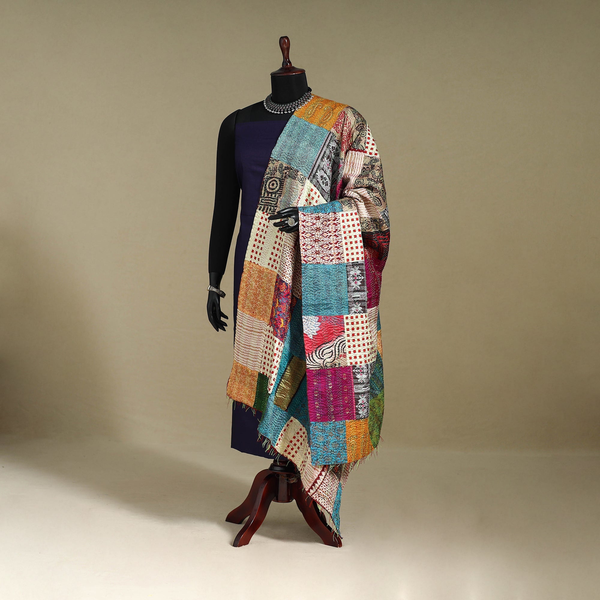 Multicolor - patchwork reversible silk bengal kantha work